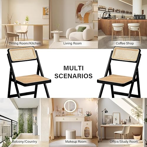 Miniatura 8 de Juego de 2 sillas plegables de ratán, sillas de comedor modernas de mediados de siglo, sillas de bambú al aire libre para dormitorio, sala de estar,