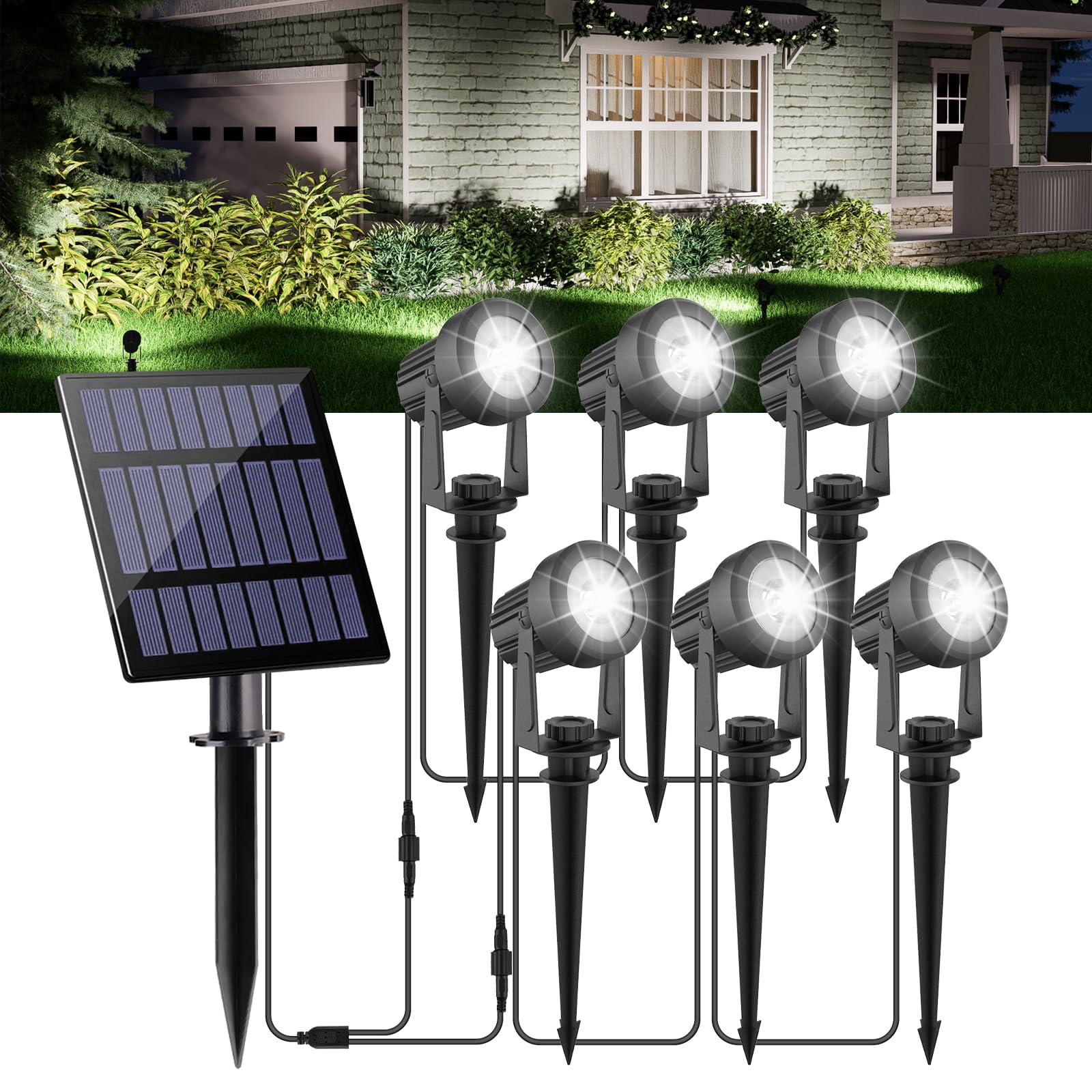 CREPOW Solar Spot Lights Outdoor, 6000K Cool White Landscape Spotlights IP65 Waterproof 9.8ft Cable, Dusk to Dawn Solar Uplights for Trees Garden Yard Driveway Porch Walkway Pool (6-in-1)