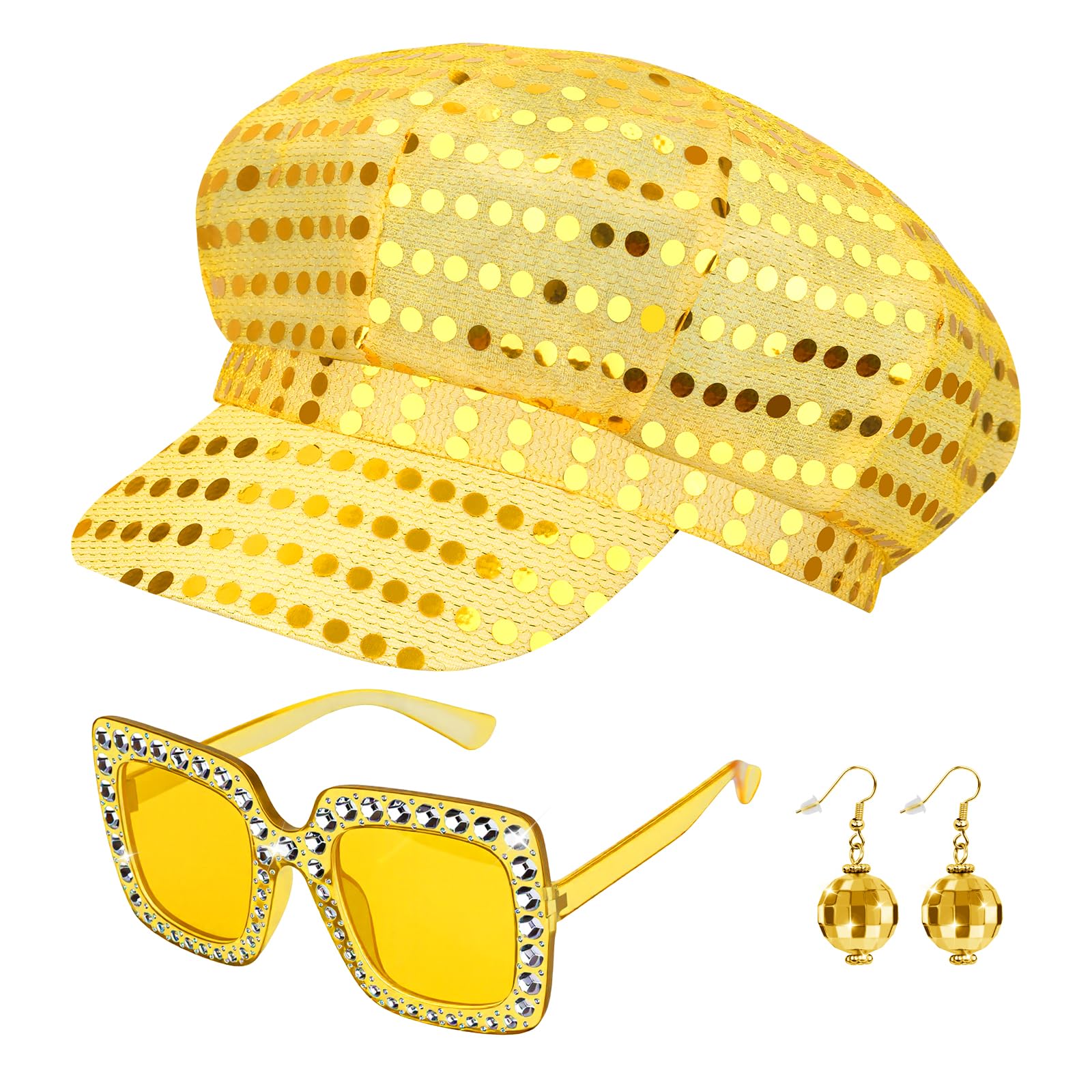 Dreamtop 3Pcs Gold Sequin Hat Cap for Abba Accessories Women 70s Disco Accessories with Sequins Hat Sunglasses Fancy Dress Costume Set for Abba Women Theme Party Birthday Dance — image 1