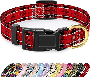 Black and red tartan reflective nylon dog collar