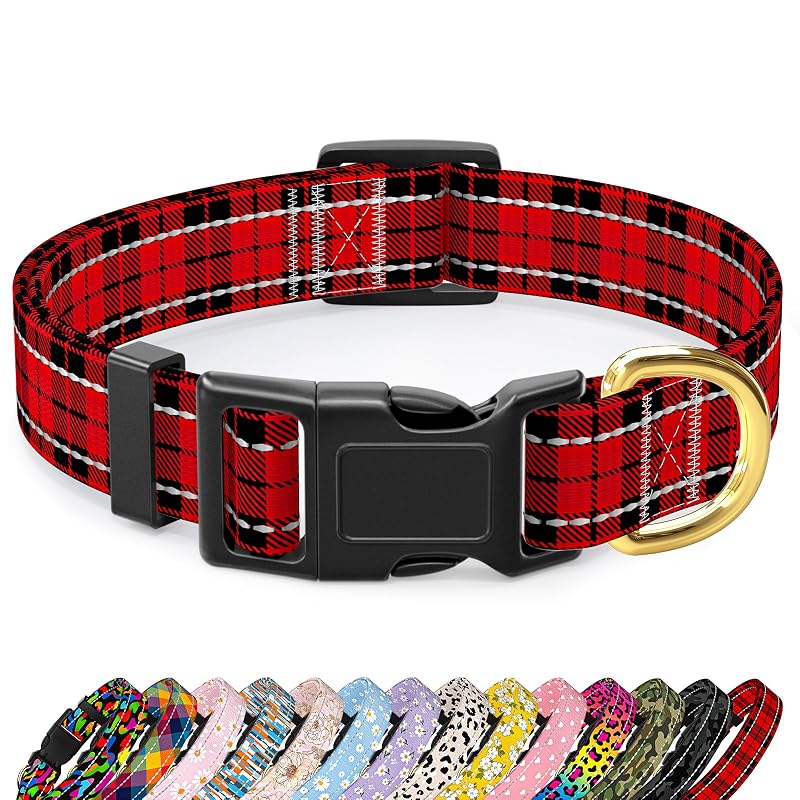 Coleira refletiva de nylon para cães pequenos TMOODEL, Black Red Tartan, tamanho S