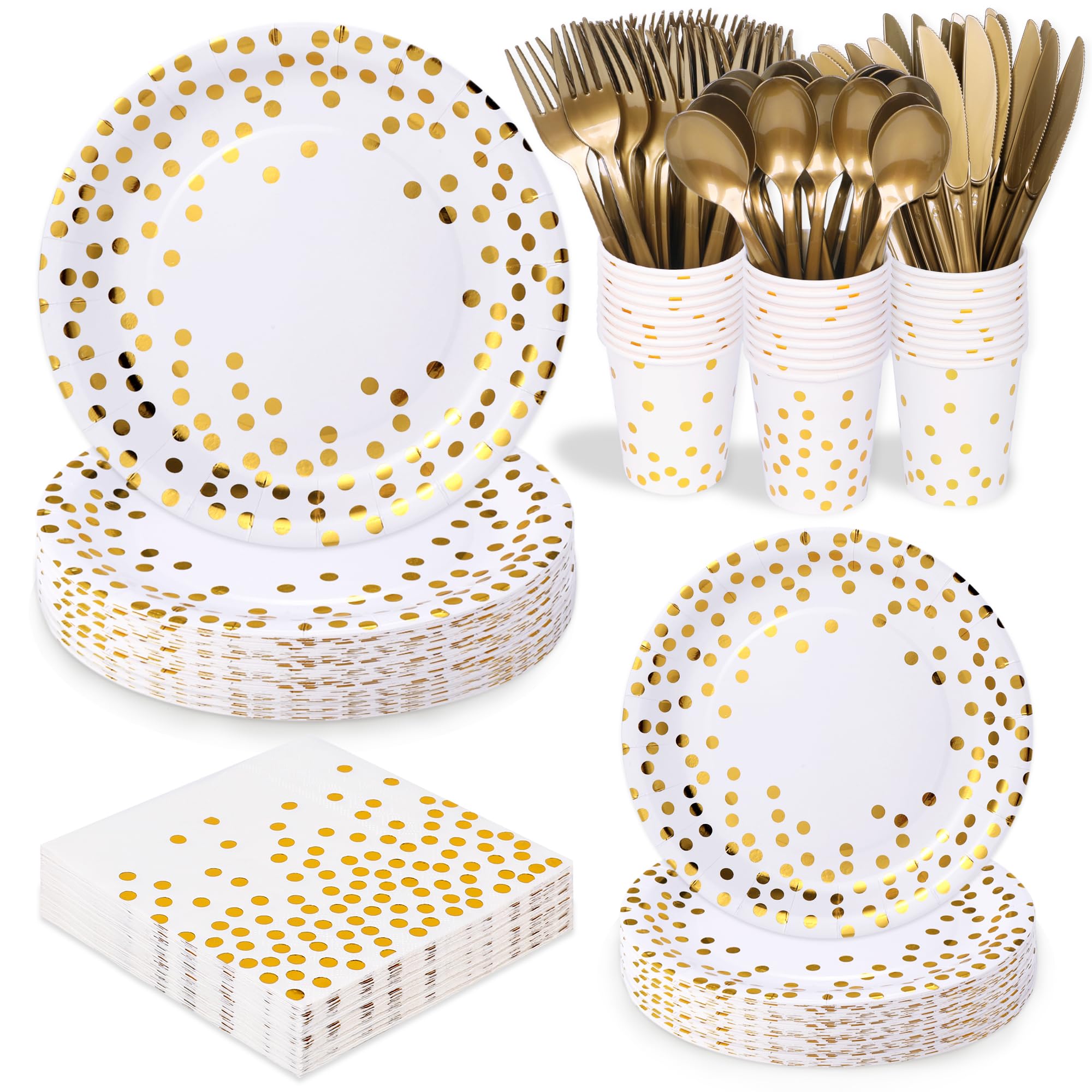 175 Pcs White Gold Party Plates Cups and Napkins Sets White Gold Foil Dot Disposable Dinner Tableware Set With 7" 9" Plates Napkins Cups Knife Fork Spoon Birthday Party Supplies Serve 25 Guests