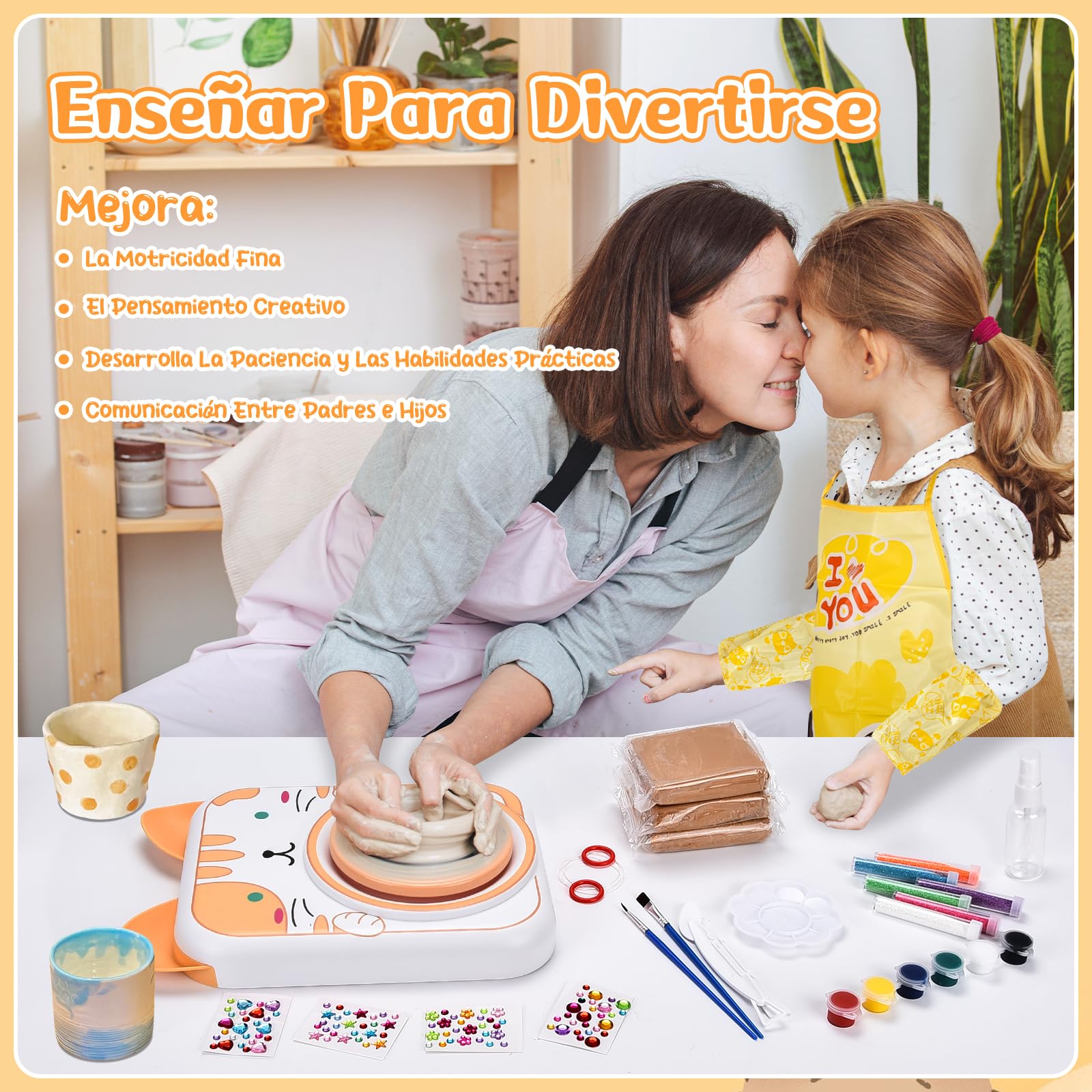 IEEILULU Rueda de Alfarería Eléctrica, Juego de Alfarería para Niños, Juego de Arte de Máquina de Alfarería, Herramienta de Arte de Arcilla para Niños, Regalo para Niñas y Niños (Gato)