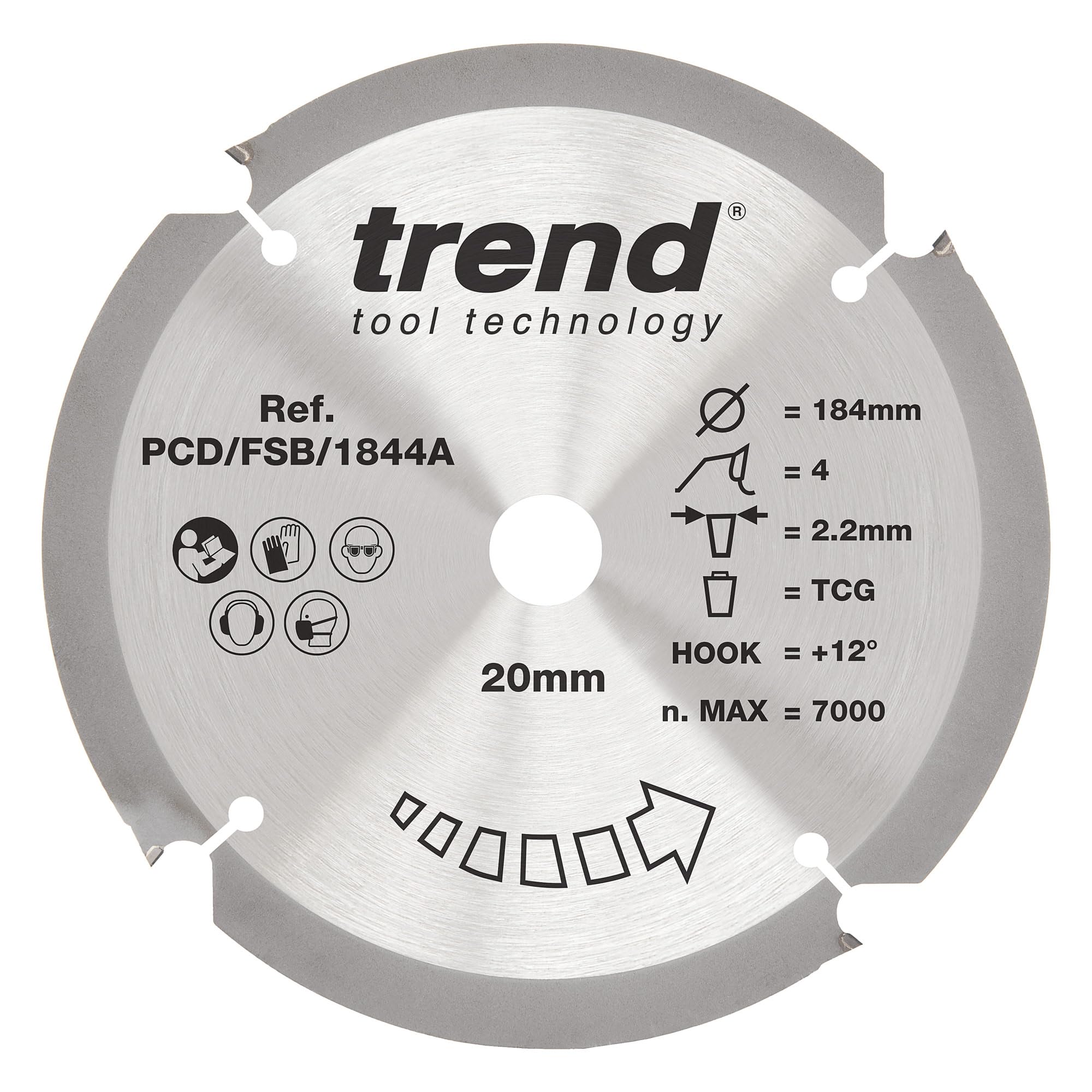 Trend PCD Fibre Cement Circular Saw Blade, 184mm Diameter, 20mm Bore, 4 Teeth, 2.2mm Kerf, +12° Hook, PCD, Coarse Finish, PCD/FSB/1844A