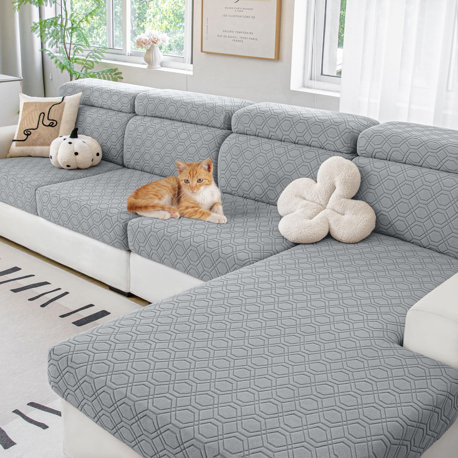 hyha Couch Cushion Covers, Against Spills, Couch Cover for Dogs Washable, Thick Elastic Jacquard Fabric, Waterproof Sofa Seat Slipovers for Pets (3 Pieces, Blue Grey)