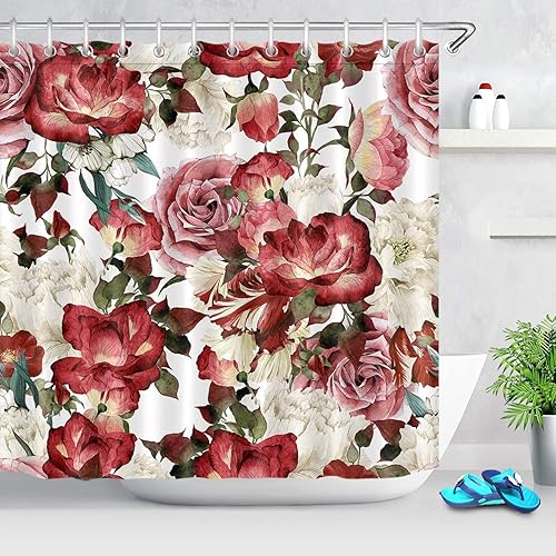 LB Cortina de ducha vintage floral con ganchos, cortina de baño de flores de rosa peonía, rojo, rosa y blanco, 72 x 72 pulgadas, tela de poliéster