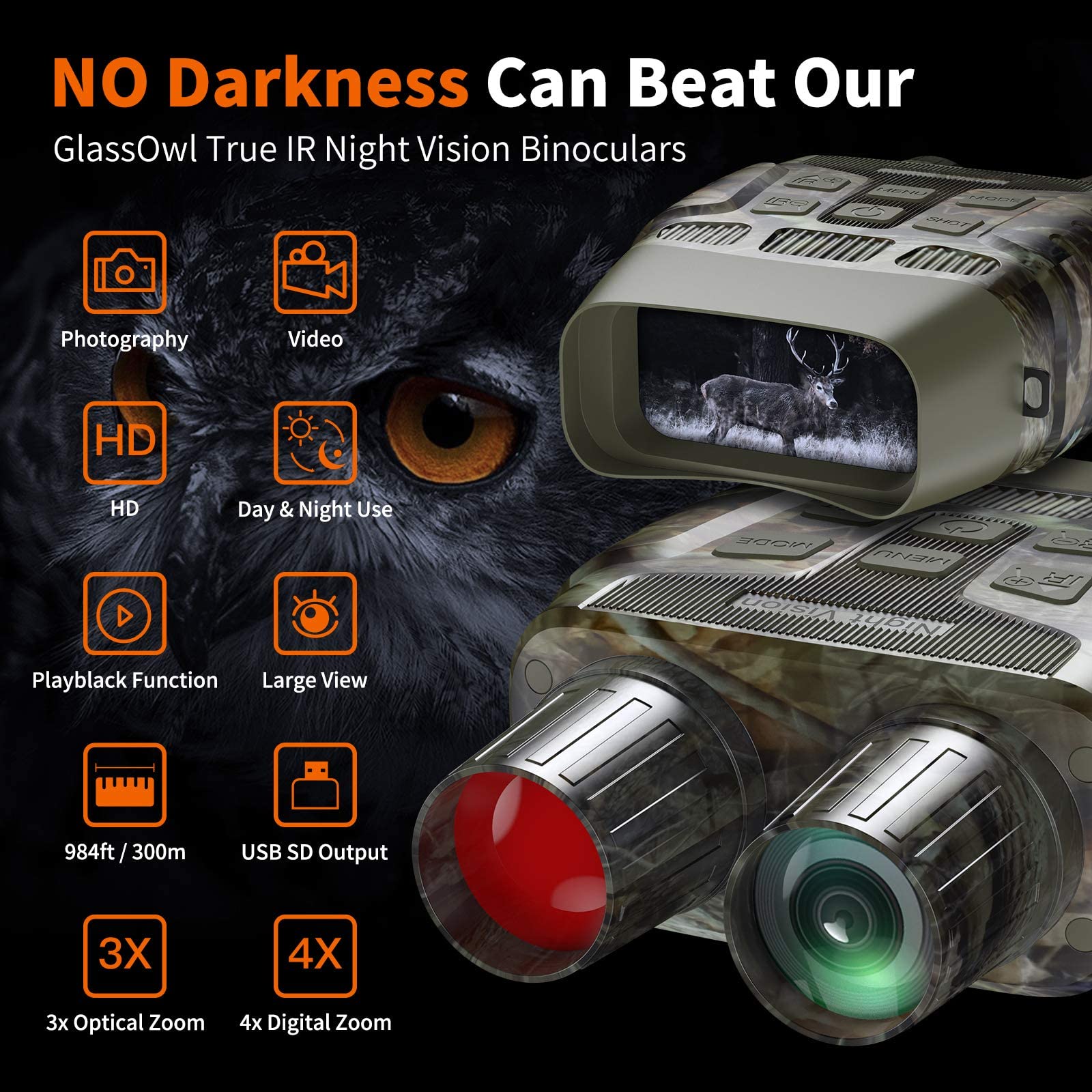 Binocolo Visione Notturna, Gthunder Visore Notturno Militare Binocolo HD 1080P Foto & Video, 3" TFT LCD 4X Digitale Zoom, Infrarossi Vista 300M al 100% Buio per Osservazione con Scheda 32GB