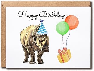 Rhino Funny Card - Rhino And Bday Hat Card - Pretty Greeting Card - Birthday Greeting Rhino Card - Unique Rhino Card