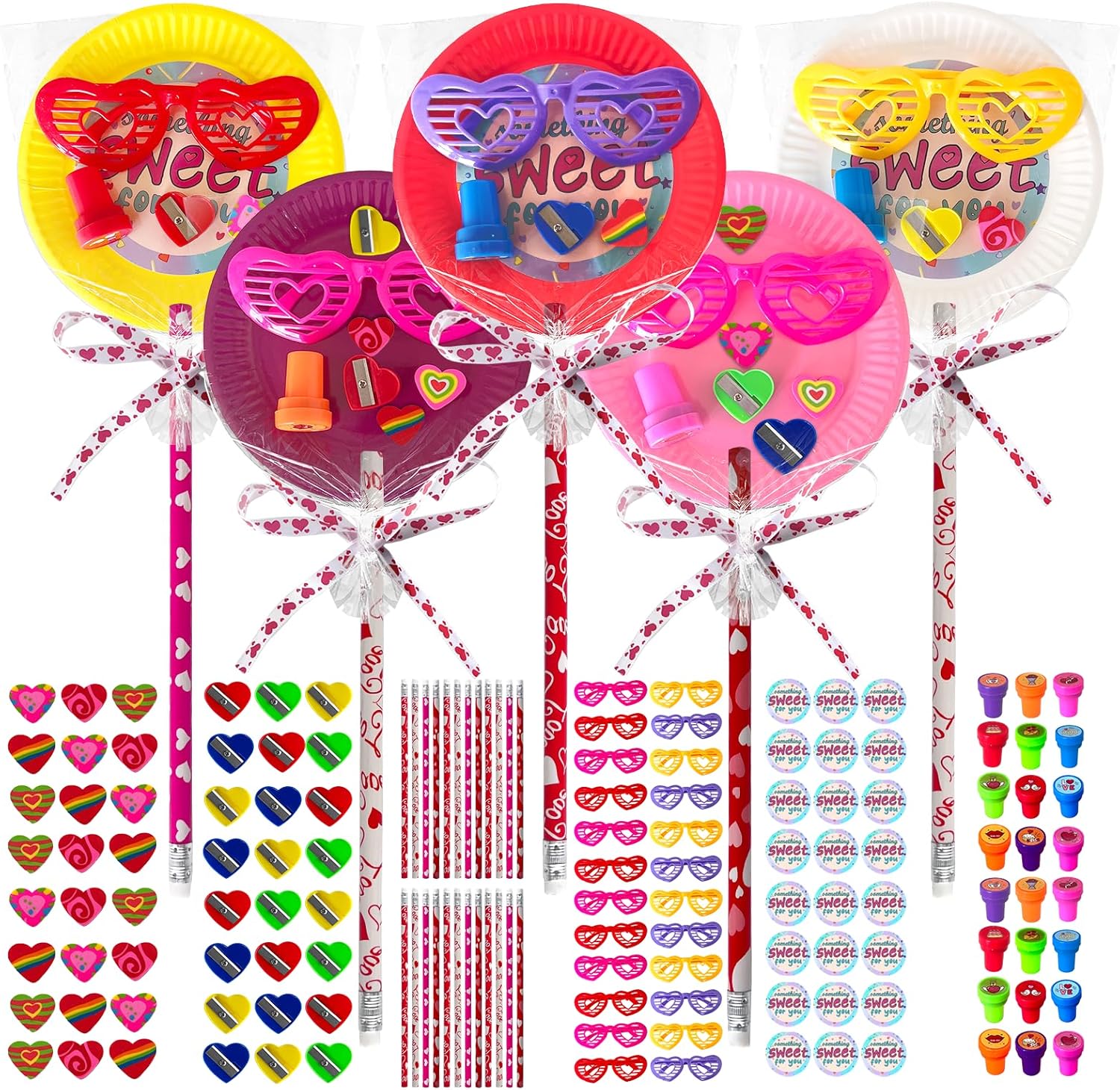 24 Pack Valentine's Day Gifts Giant Lollipop Shaped Stationery Set with Pencils Stickers Erasers Stampers Sharpeners Glasses Bags Ribbons for Classroom School Exchange Party Favors Supplies