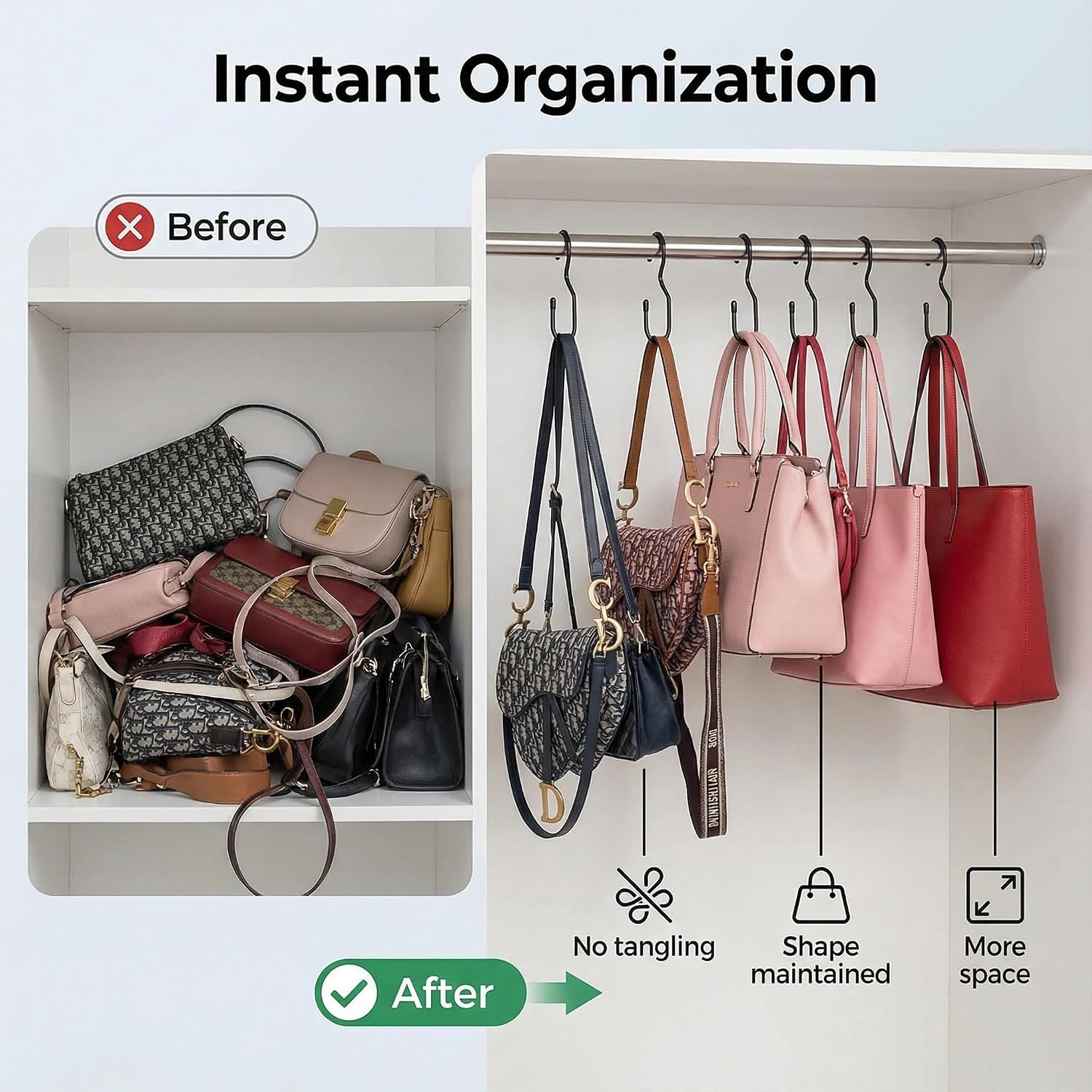 Poshetion 12 Pack Purse Hanger for Closet – Vinyl Coated Twist Design Black Hooks, 5 Inch Large Rod Compatible, Ideal for Handbags, Backpacks, Scarves & More – Space Saving Home Organize image 4