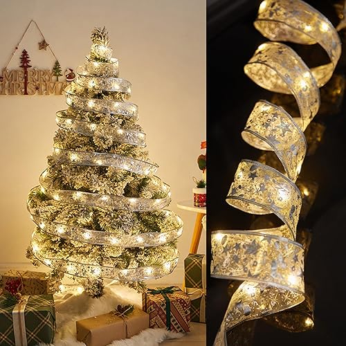 Luces de cinta de Navidad plateadas, decoraciones de árbol de Navidad, 2.5 pulgadas x 16.4 pies, 50 luces LED alimentadas por pilas, alambre de