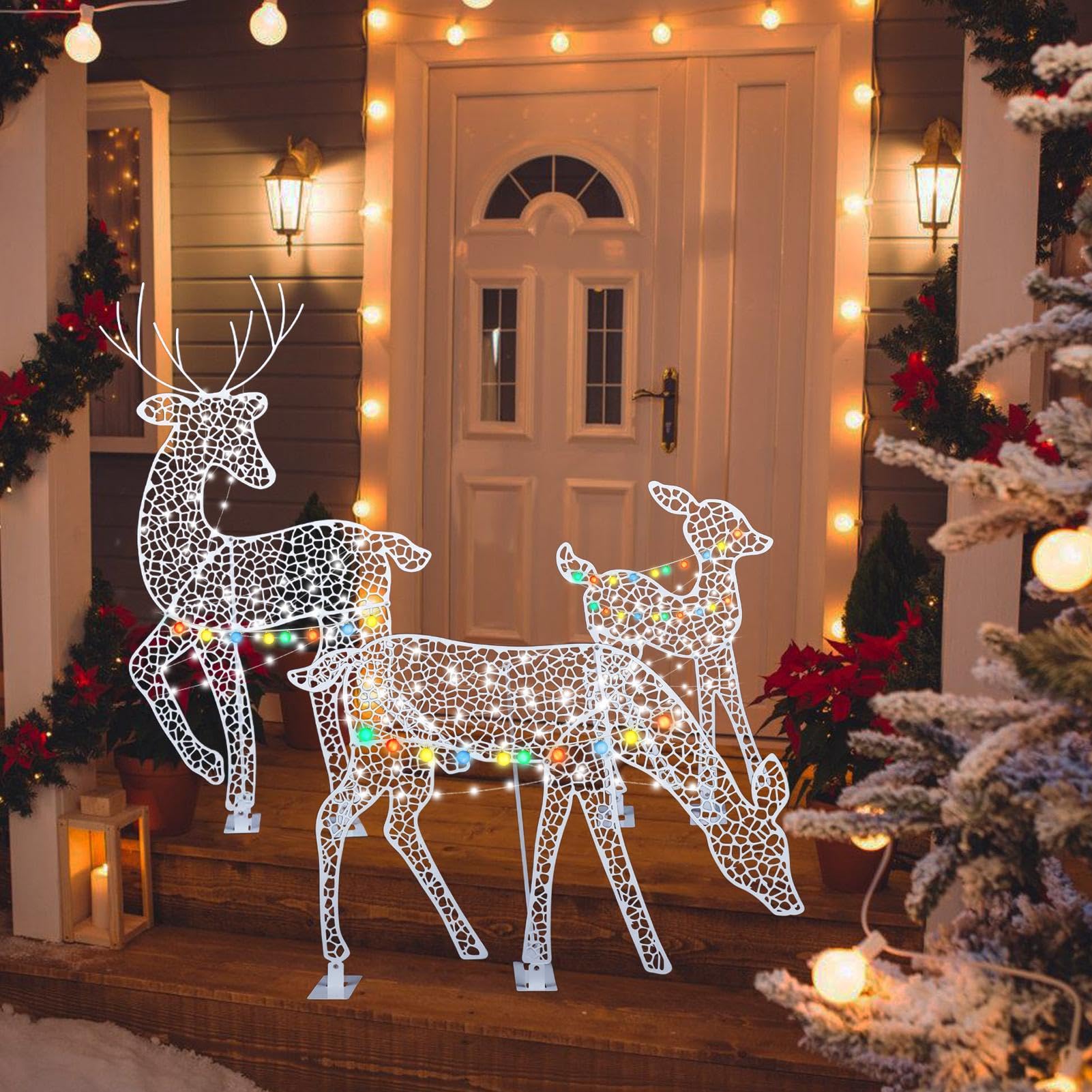Paquete de 3 Decoraciones navideñas de Reno con luz Solar, Adorno de Alce de pie para Exteriores con Luces para Patio, césped, jardín, Resistente al Agua