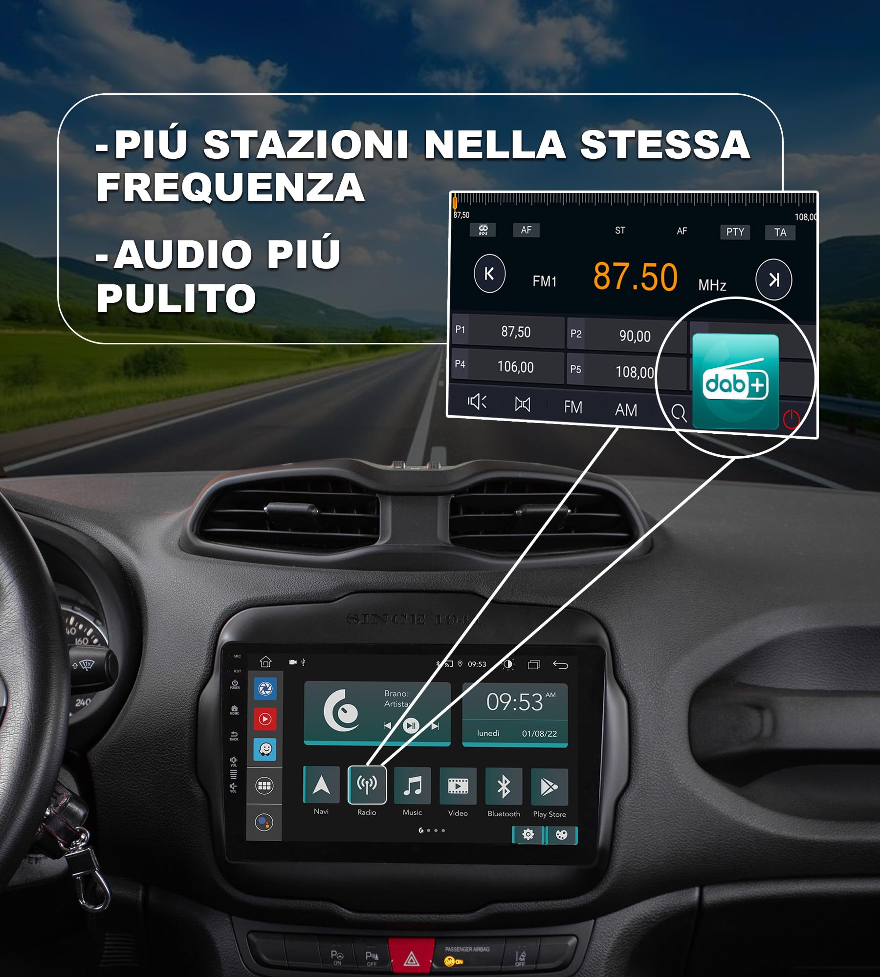 JF Sound - Autoradio Android JF-039JR-X9C - Per Jeep Renegade dal 2014-9" HD - CarPlay/Android Auto Wireless - GPS - 4GB RAM - 64GB ROM - DAB+ - WiFi - Bluetooth - Prodotto in Italia