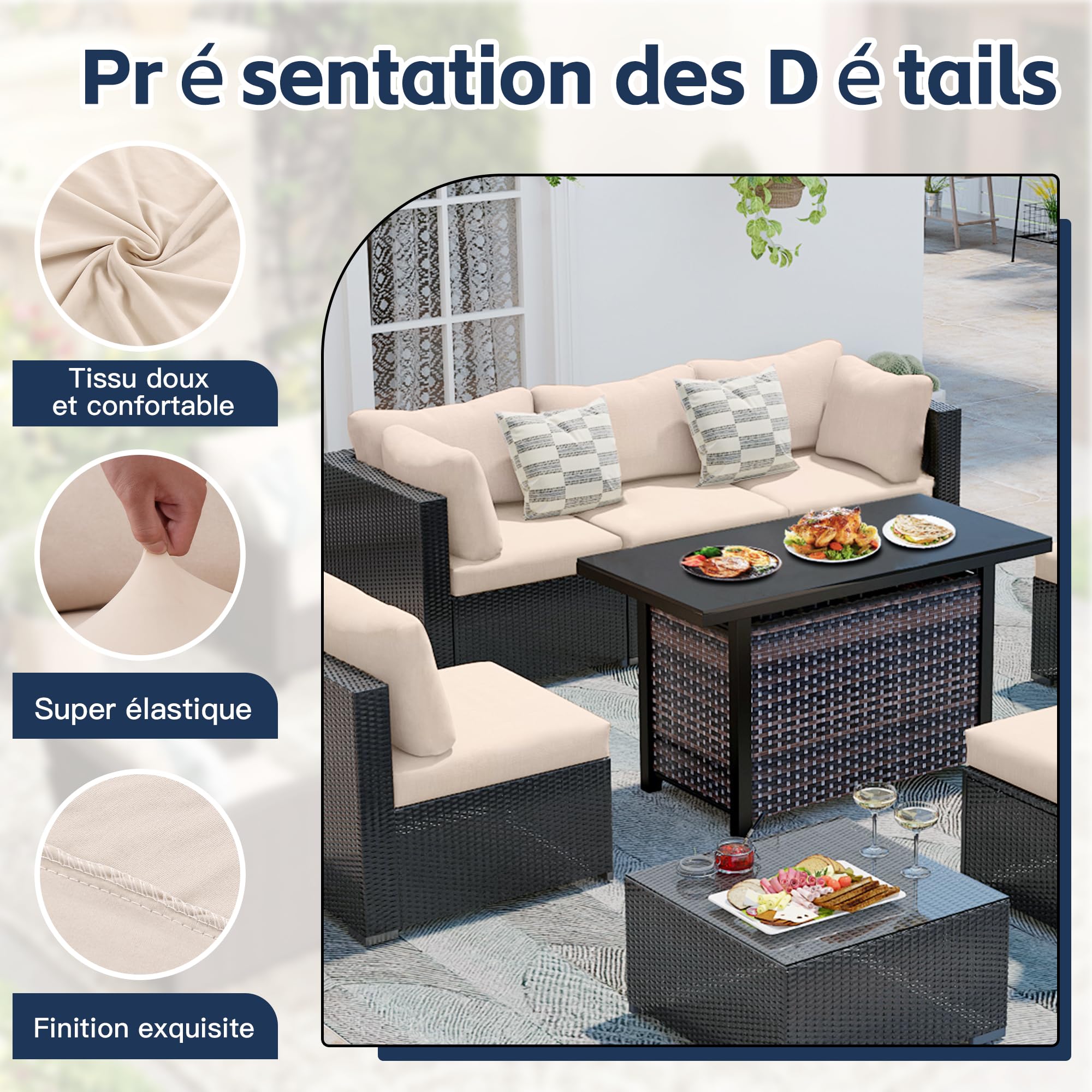 Ensemble de 8 Housses de Coussins pour terrasse|Housses pour canapés d'extérieur|Housses Extensibles pour Coussins de canapé|Protections pour Meubles lavables et réutilisables (1, Beige)