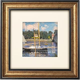 8x8 Real Wood Antique Gold with Dark Brown Trim Picture Frame - Easel Stand, Sawtooth Hanger Tabletop and Wall Hanging Display, Glass Cover, Matted for 5x5 Photos, Frinearts