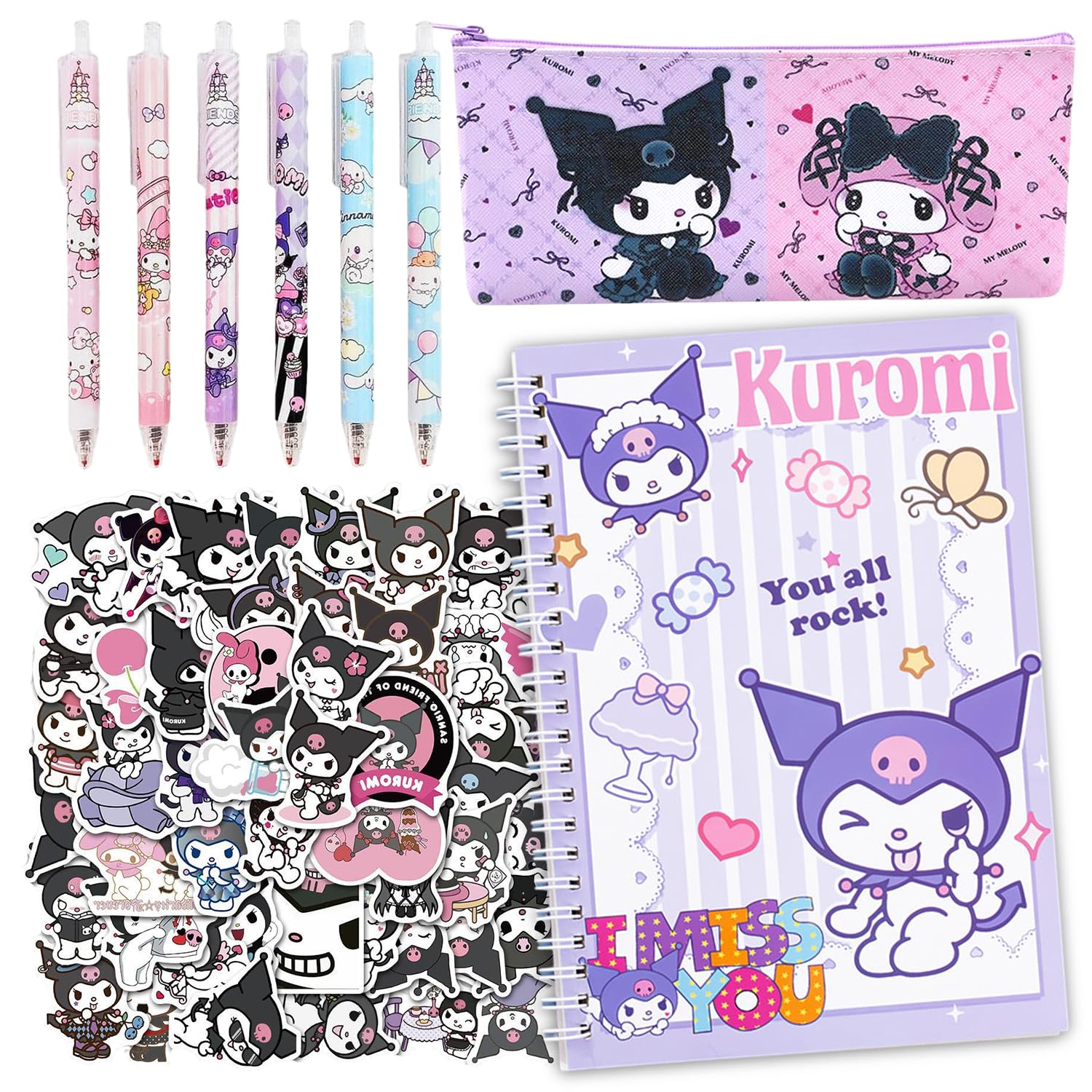 Juego Papelería Kawaii Púrpura,Set Papeleria Niño Anime,Papeleria Regalo Escolar Gato,Suministros Escolares,Estuche Lápices,Cuaderno Espiral,Bolígrafos Negros,Calcomanías,Regalo Para Niña Chico