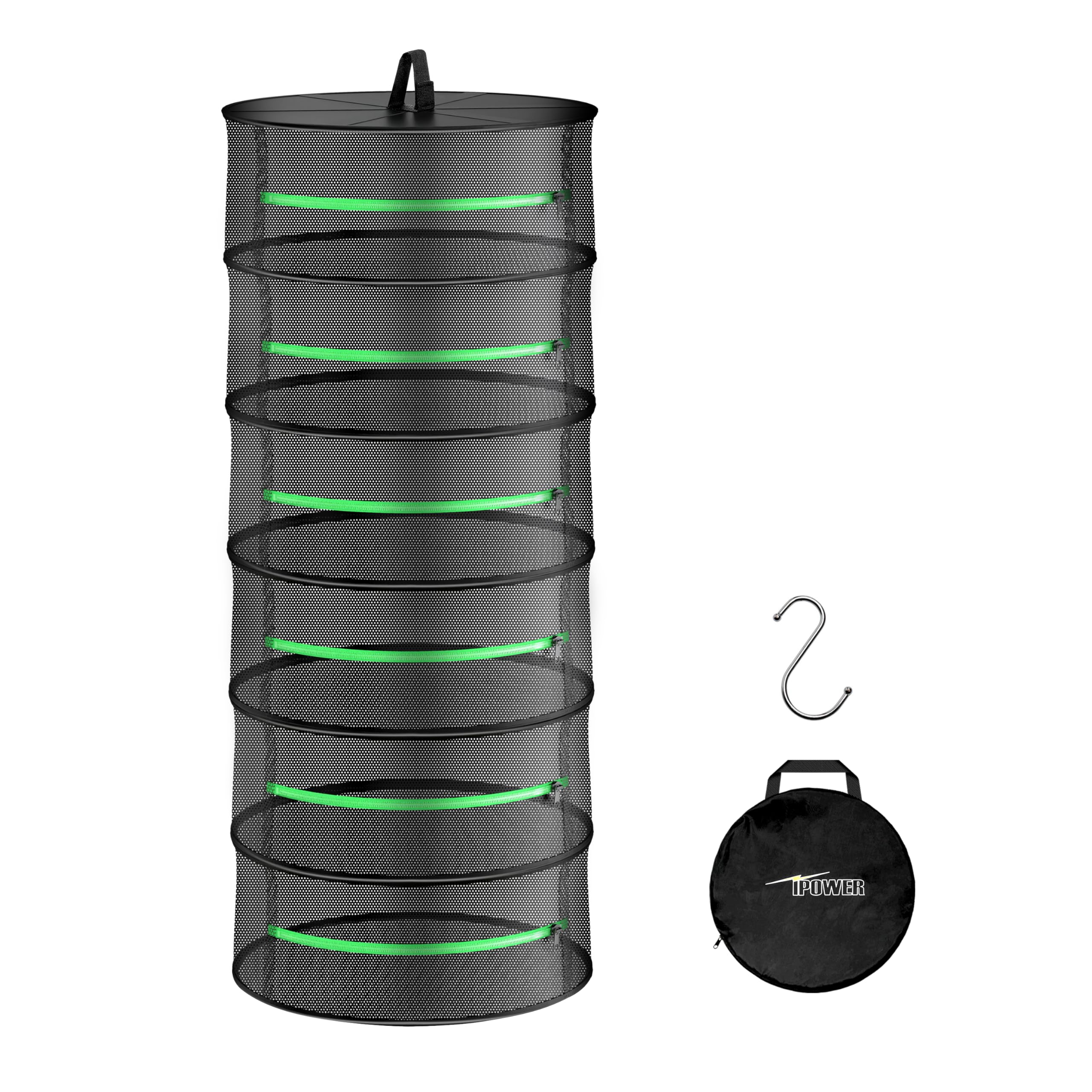 iPower 2ft 6-Layer Foldable Herb Mesh Dry Rack Hanging Drying Net with Zippers Heavy Duty Ring for Hydroponic Plant, Free Storage Bag and Hook Included, New