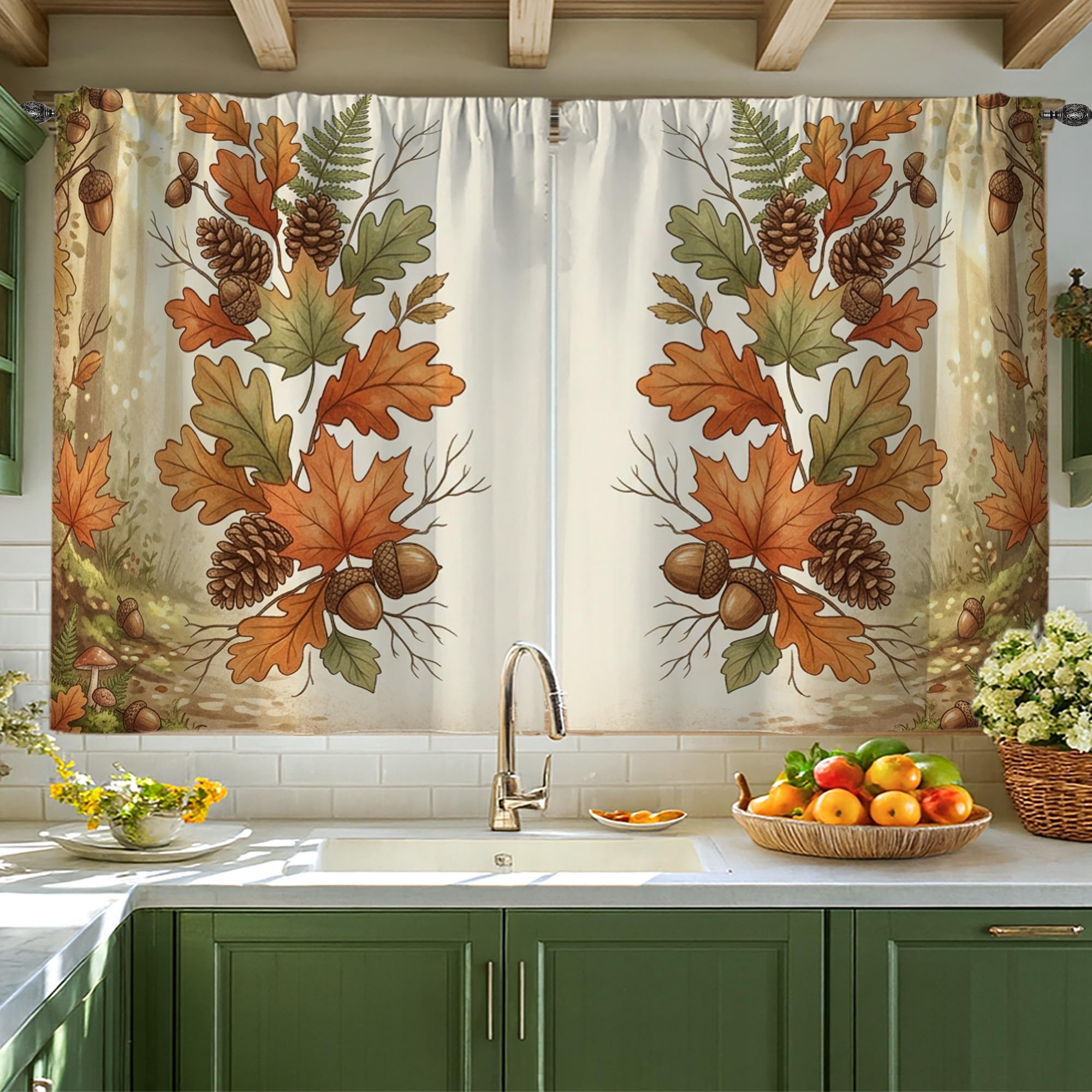 Rideaux nature à motifs pins et glands 106x114 cm pour fenêtre cuisine