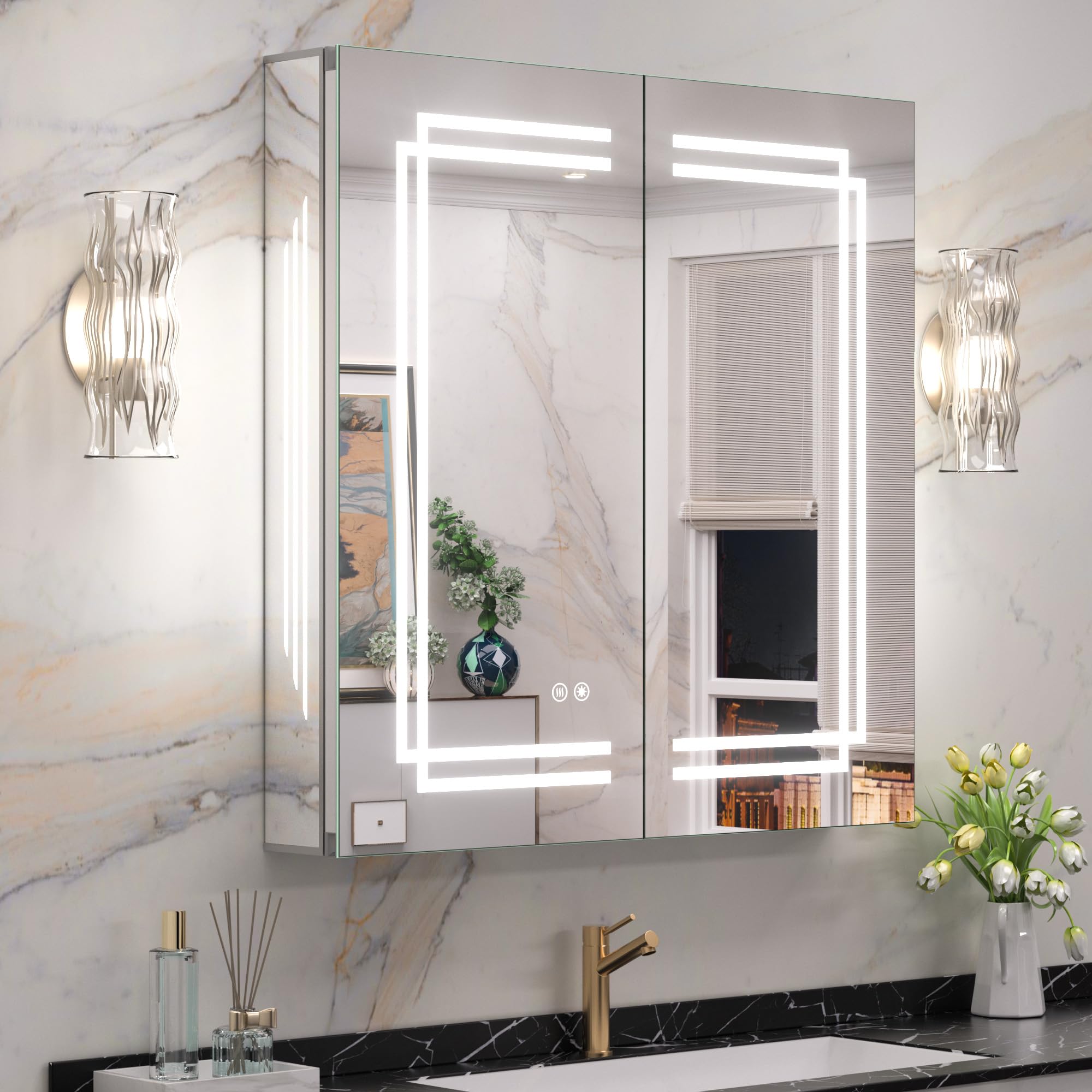 Keonjinn 30 x 32 Inch Lighted Medicine Cabinet Mirror, LED Medicine Cabinet for Bathroom, Tempered Glass, Adjustable Shelves, Double Doors, 3 Color Temperature, Anti-Fog, Surface Mount Only