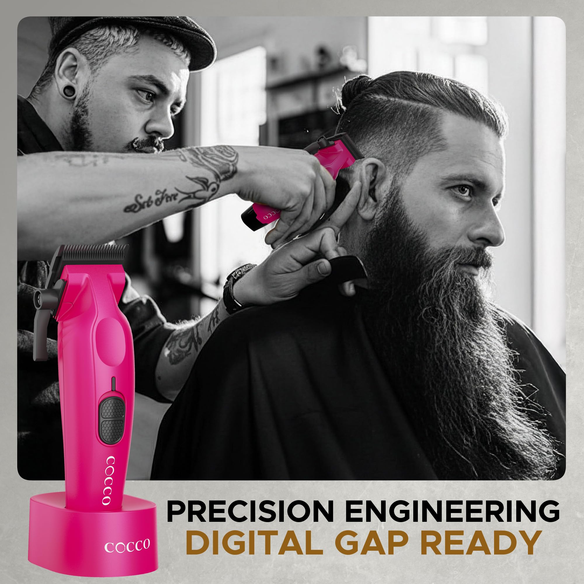 Cocco Hyper Veloce Pro Clipper, Digital Gap Ambassador Graphene Taper Blade Professional Hair Clippers, High-Torque BLDC Motor, All-Metal, Cordless, Charging Station Included (Pink)