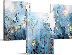 SERIMINO Blue Abstract Canvas Wall Art for Living Room, Navy and Gold Fluid Marble Wall Decor for Bedroom, Bathroom, Office, Home Decor, Set of 3 Print Painting, 16"X24"