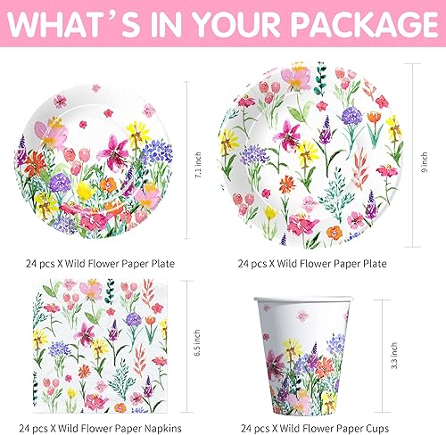 Miniatura 2 de Xigejob Suministros de fiesta de flores silvestres  Vajilla floral para decoración de fiesta, plato, taza, servilleta, primavera y verano, vajilla