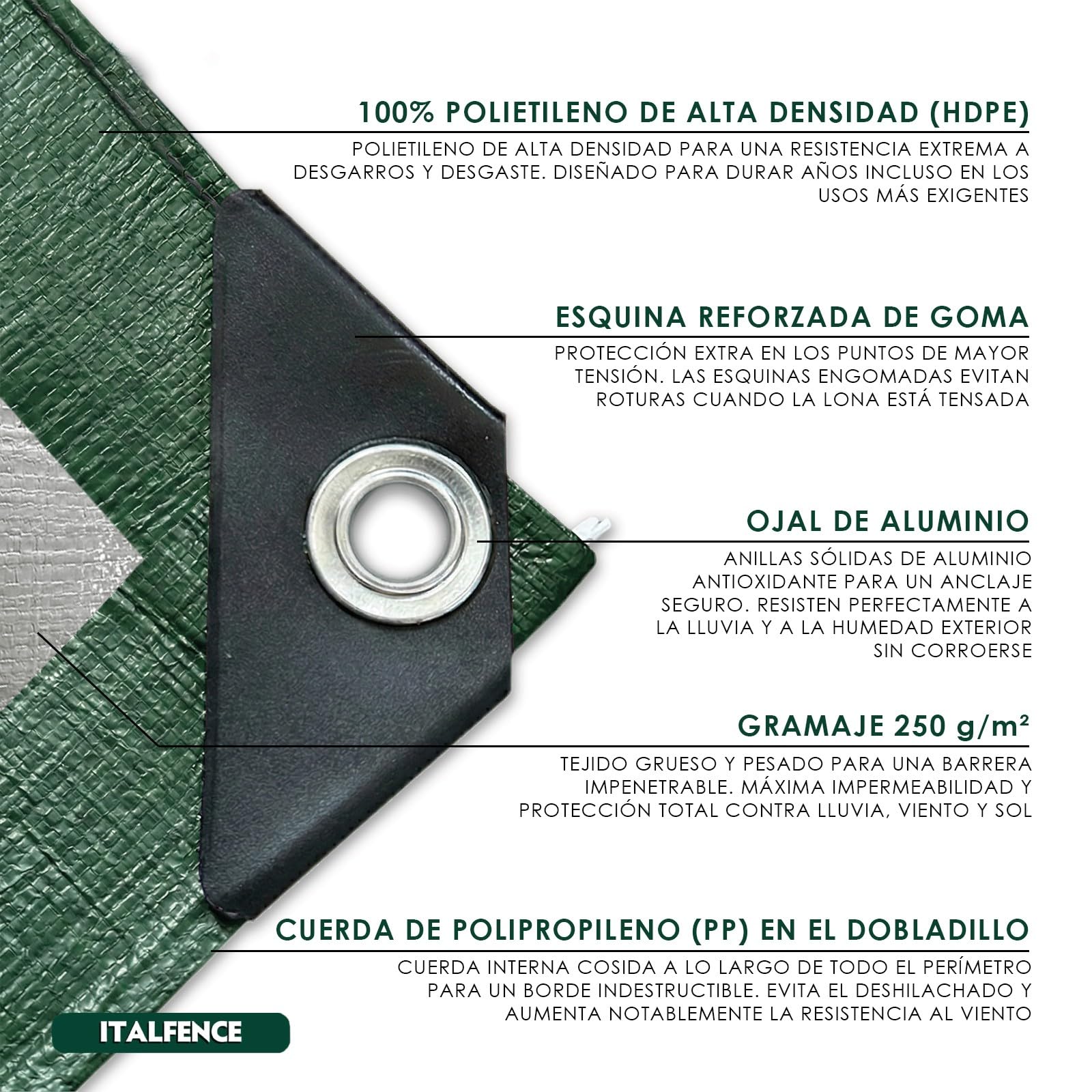 Lona Impermeable de PE 250 g/m² Verde, Reforzada con Ojales [2 x 3 m]