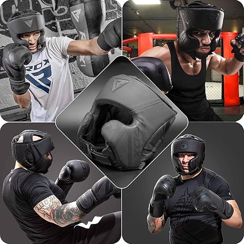 Miniatura 10 de RDX Gorras de boxeo Sparring Grappling, cuero maya, equipo de cabeza para entrenamiento MMA Muay Thai Kickboxing, acolchado multicapa, artes