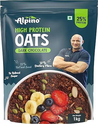 ALPINO 25% High Protein Oats Dark Chocolate 1kg – Rolled Oats, Protein Blend, Jaggery Powder, Cocoa Powder, Nuts & Seeds – 25g Protein, Source of Dietary Fibre & Healthy Fats, No Refined Sugar & Salt - image, photos
