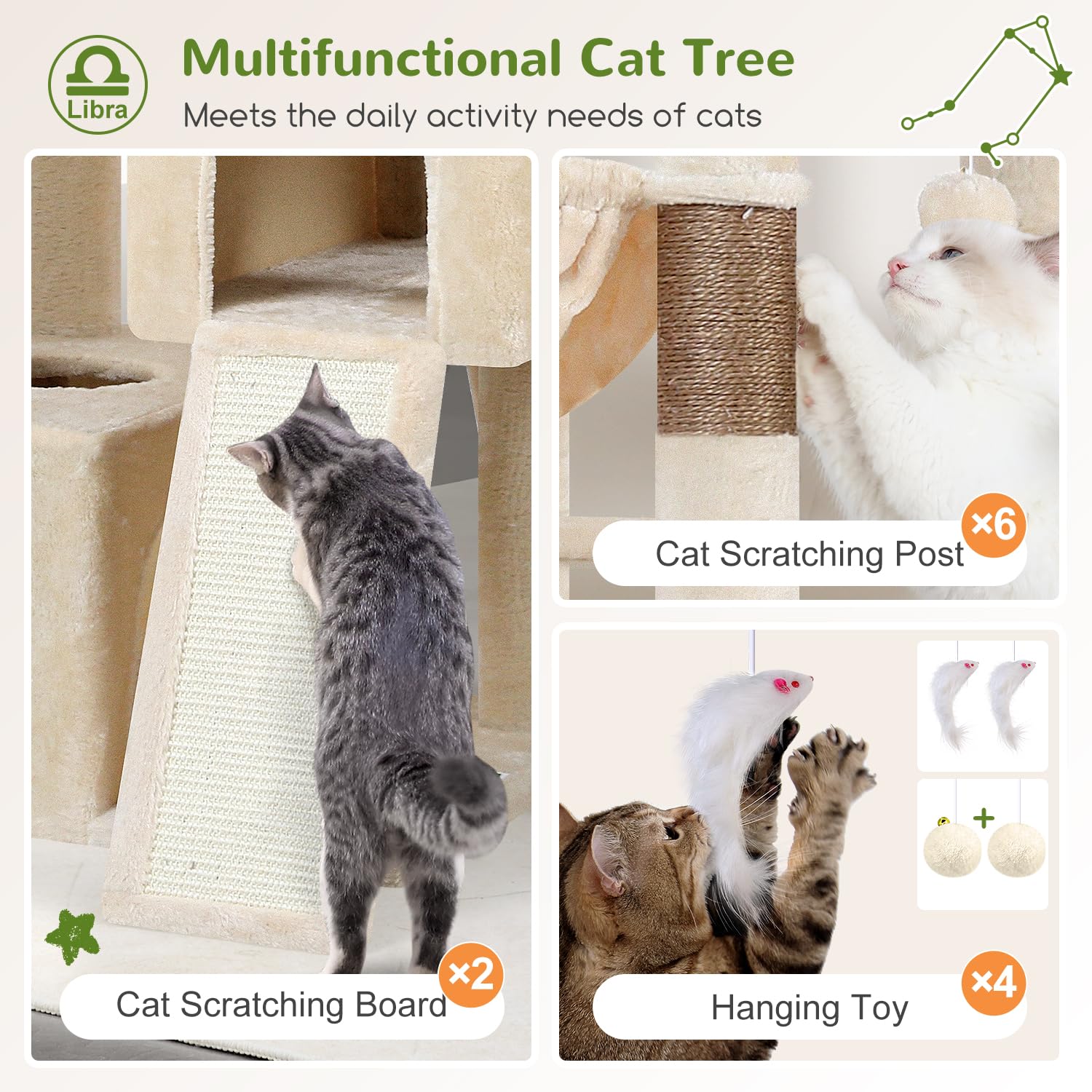 Globlazer Árbol Rascador Beige XXL Alto 200 cm con 2 Grandes Nidos, 2 Grande Plataformas, 2 Tabla Rascar Sisal, 2 Cesta, Estable Árbol Torre para Grande Gato 3-5 Adulto Gatos Más de 7 kg (Z78, Beige)