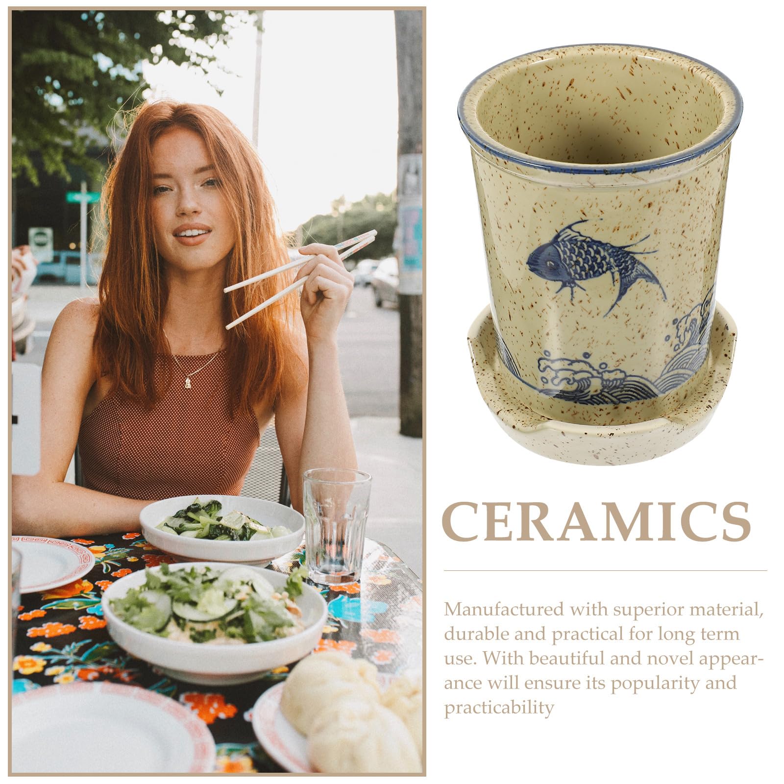 FUOYLOO Porte-ustensiles Cuisine en Céramique Khaki, Support pour Baguettes et Cuillères Design Moderne, Élégant et Fonction de Rangement Pratique