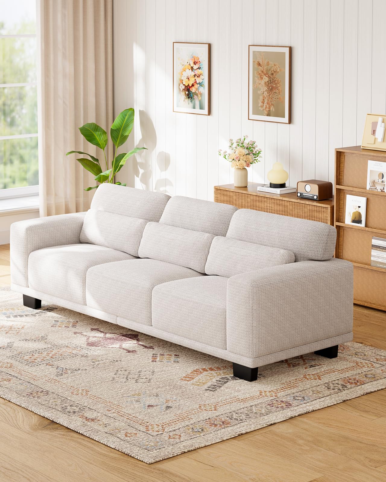 Marsail 89 Inch Sofa, 3-Seater Modern Comfy Couch with Deep Seats, Upholstered Linen Couches for Living Room, Bedroom, Office,Apartment, Beige