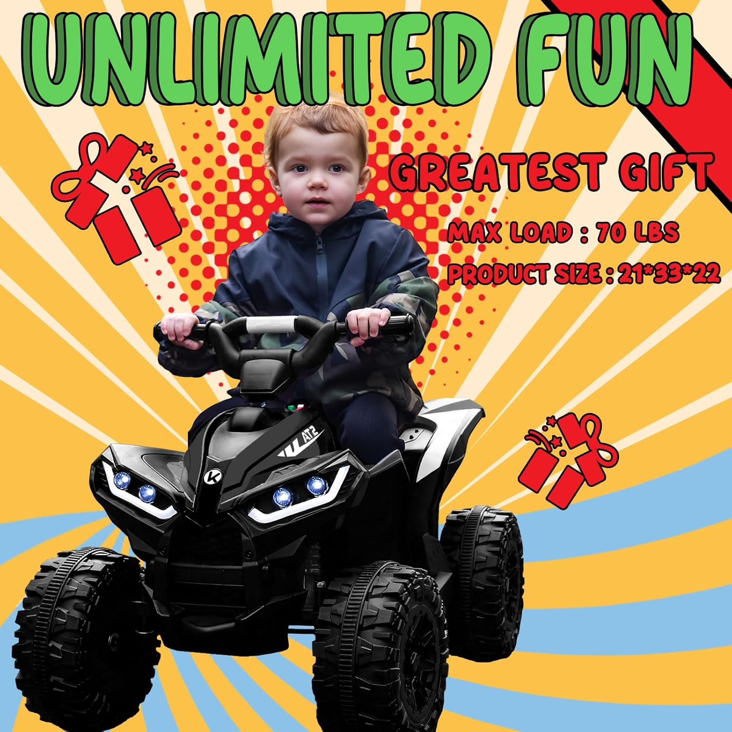 KerryYoo AT2 Kids ATV,12V 4 Wheeler for Kids 3-6,Electric Toddler Ride On Toys,Remote Control, High/Low Speeds, LED Lights, Bluetooth, and Off-Road Tires - Black