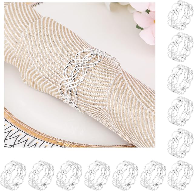 Shinowa 12-Pack Napkin Rings, Metallic Twined Napkin Rings Serviette Ring Holder for Wedding Party Holiday Banquet Dinner, Napkin Buckle Table Decoration, Silver