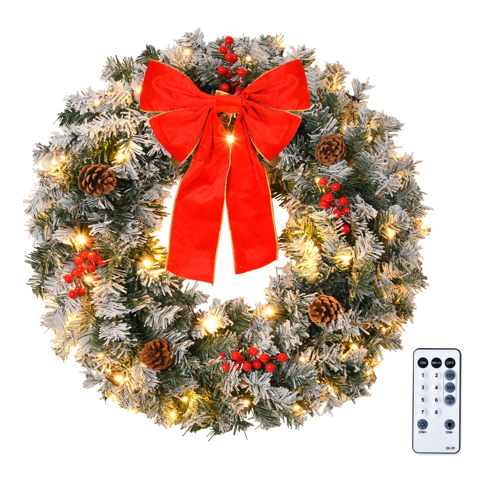 Bonnlo 36in/90cm Snowy Christmas Wreath for Front Door with Remote Control