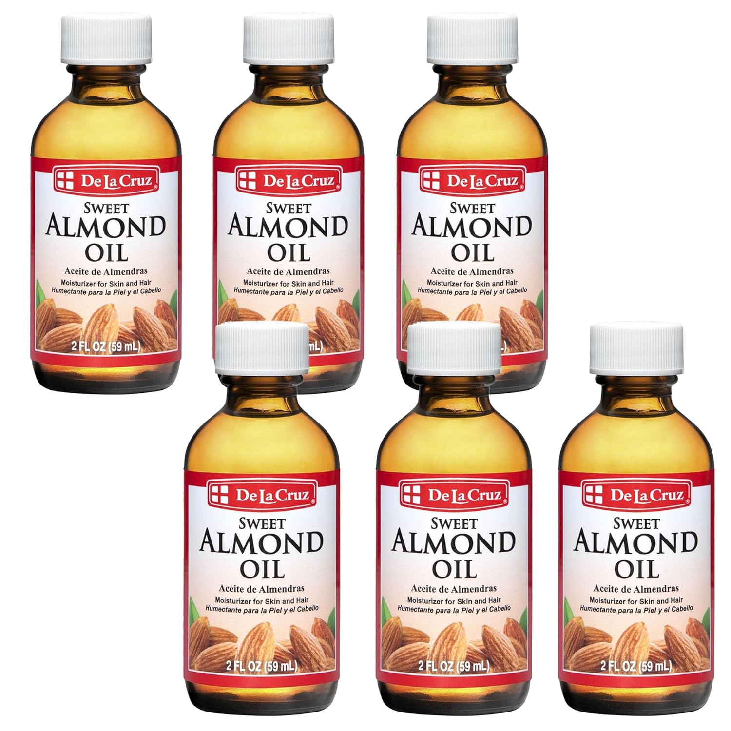 De La Cruz Sweet Almond Oil - Expeller Pressed Almond Oil for Skin and Hair 2 FL. OZ. (59 mL) - 6 Bottles