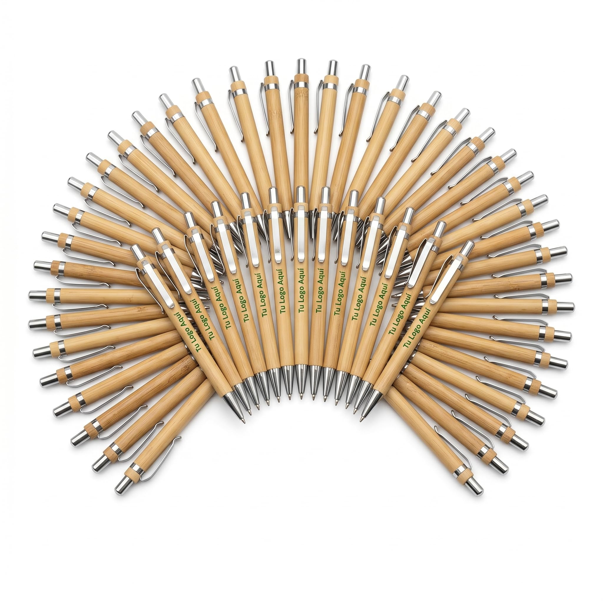 Bolígrafos Personalizados de Bambú Pack 50 Unidades · Impresión DTF con Logo o Texto · Artículo Ecológico Sostenible · Regalo de Empresa, Merchandising y Eventos · Acabados Cromados