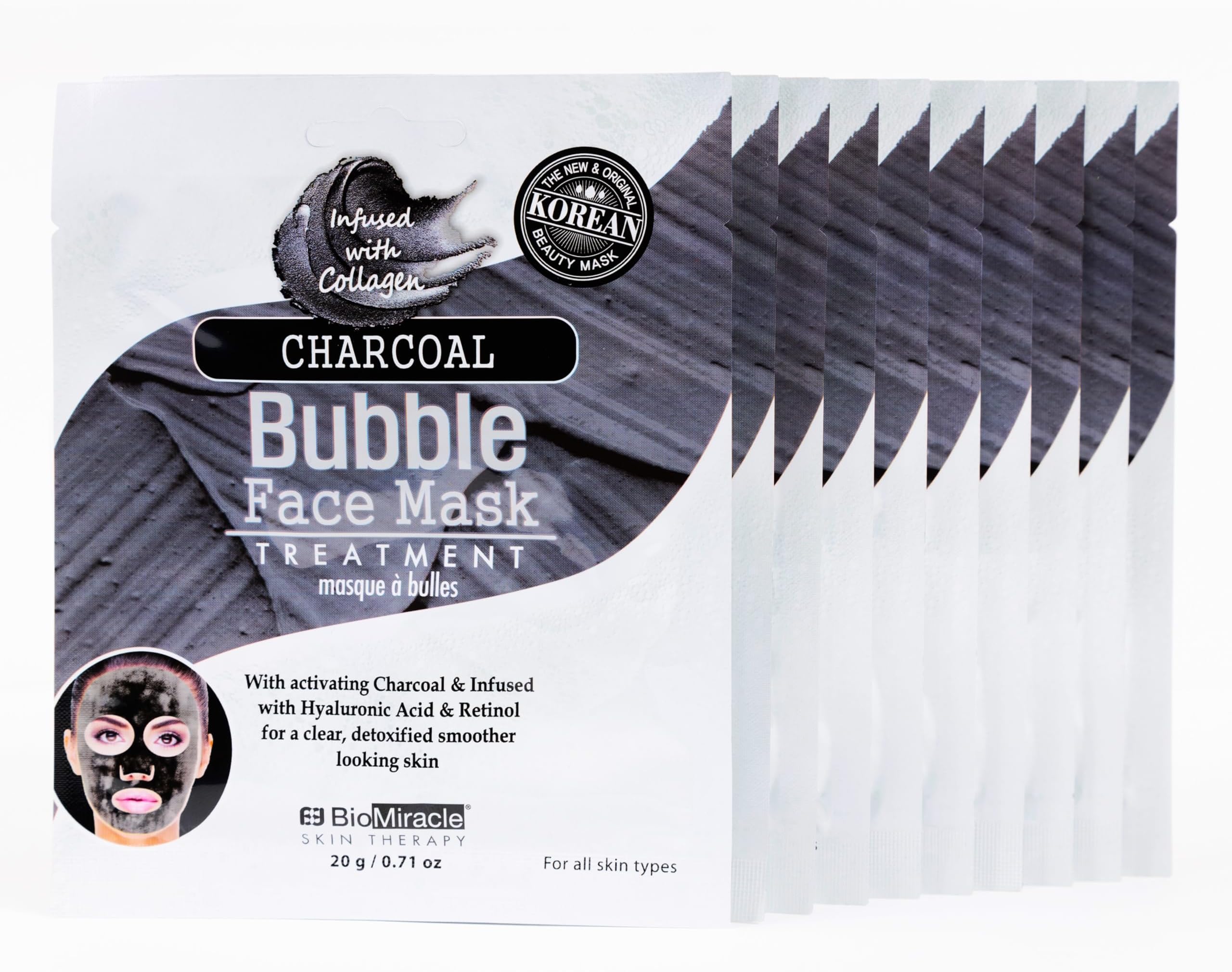 BioMiracle Charcoal Bubble Face Mask with Hyaluronic Acid & Retinol (10 Pack) (10
