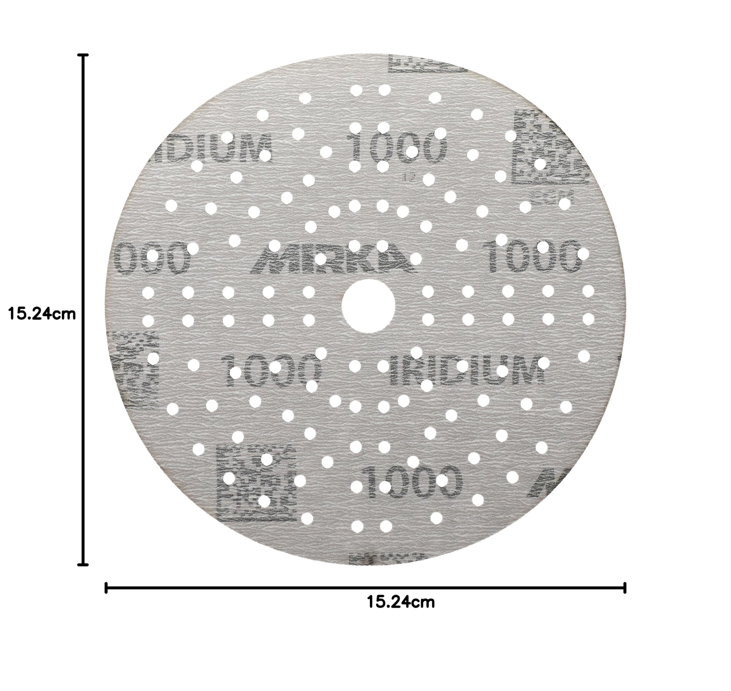 Mirka Carta vetrata Iridium Premium Ø 6 Inch Hook & Loop, grana 1000, 50 pz/per levigatura di vernice, stucco, primer, legno, acciaio, materiali minerali, plastica.