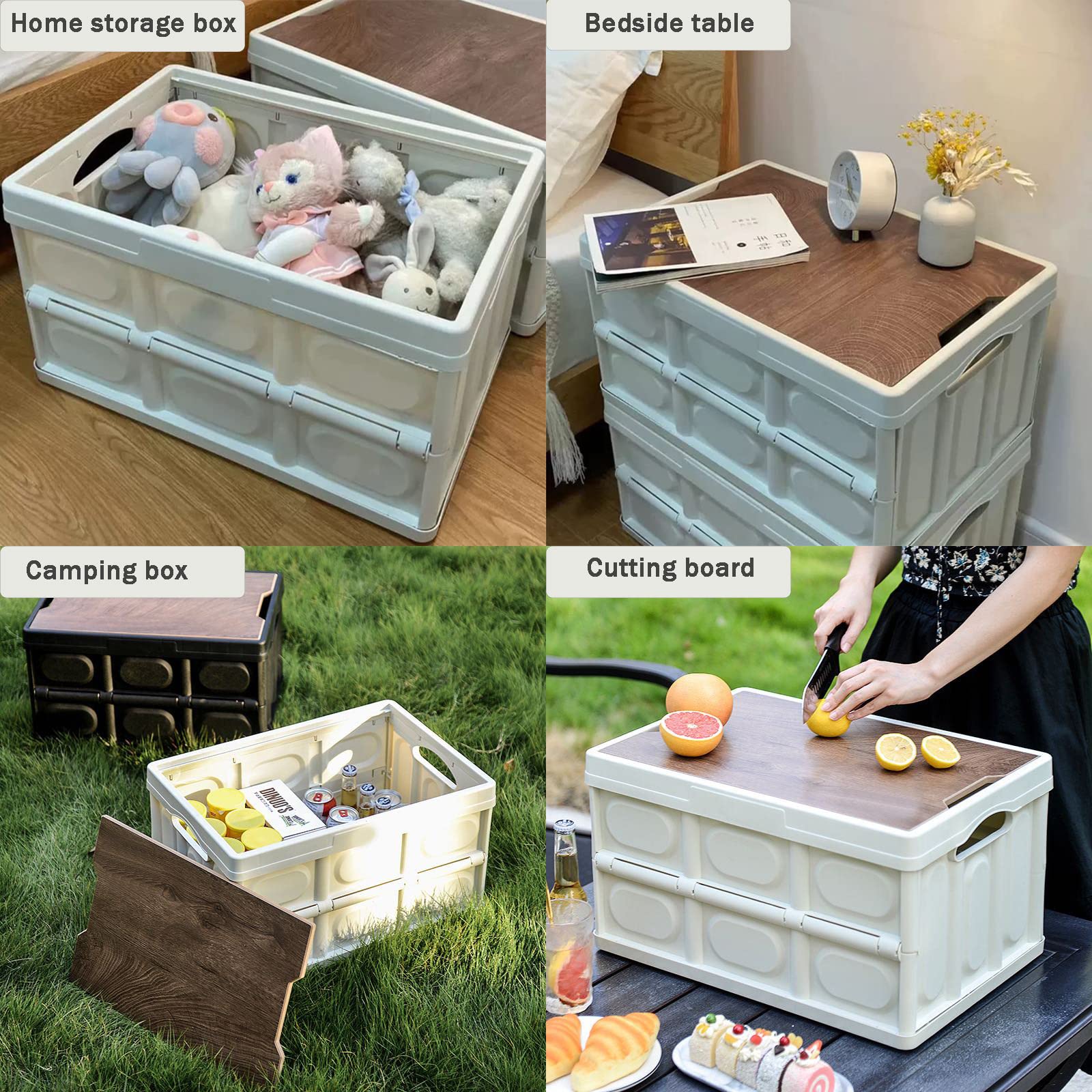 Scatola portaoggetti pieghevole per uso domestico, copertura in legno, ispessita, per esterni, pieghevole, multifunzionale, può essere utilizzata come comodino (52,5 x 35 x 28,5)