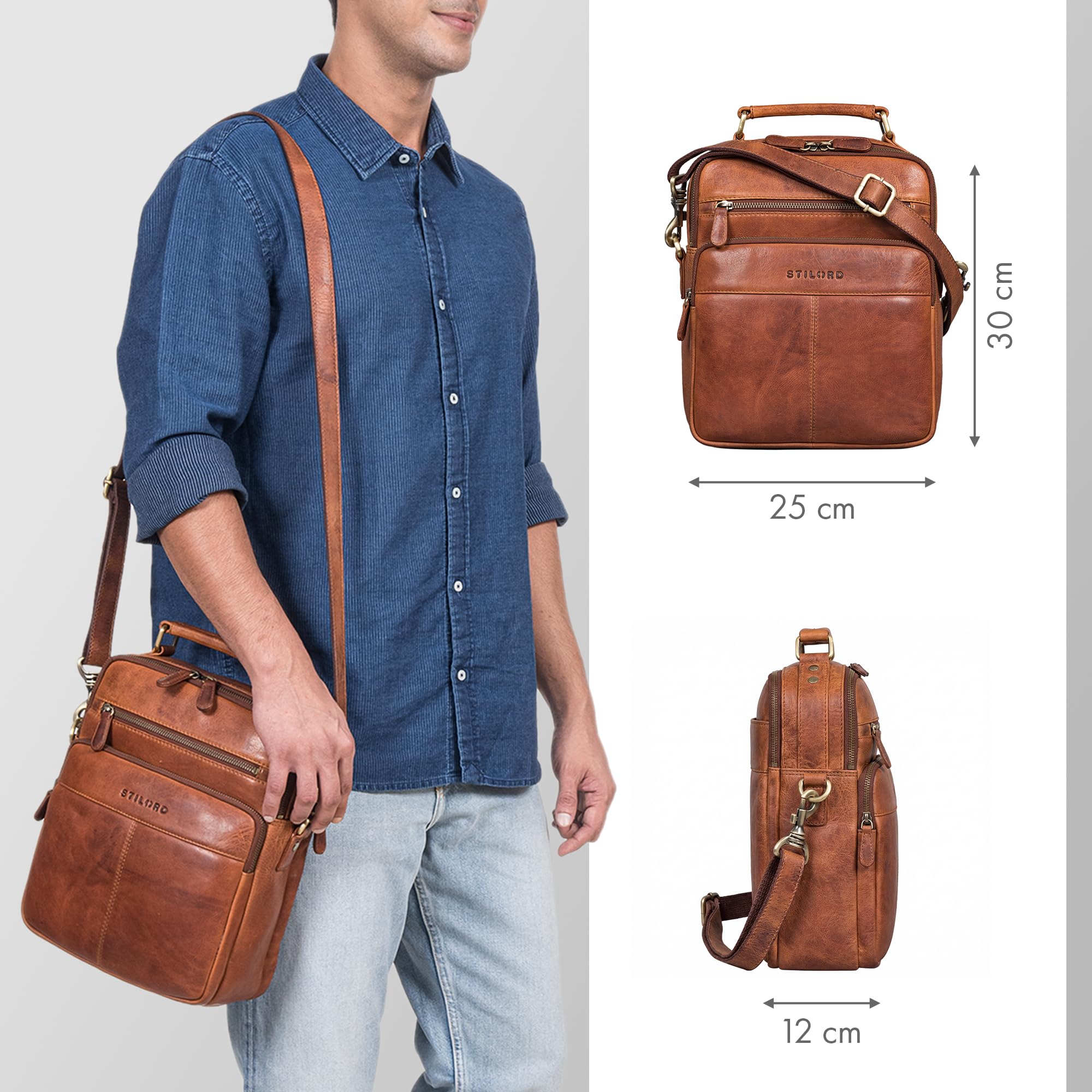 STILORD 'Joe' Modische Herrentasche zum Umhängen aus Leder Schultertasche Männer Umhängetasche Echtleder Studenten Tasche, Farbe:kara - cognac