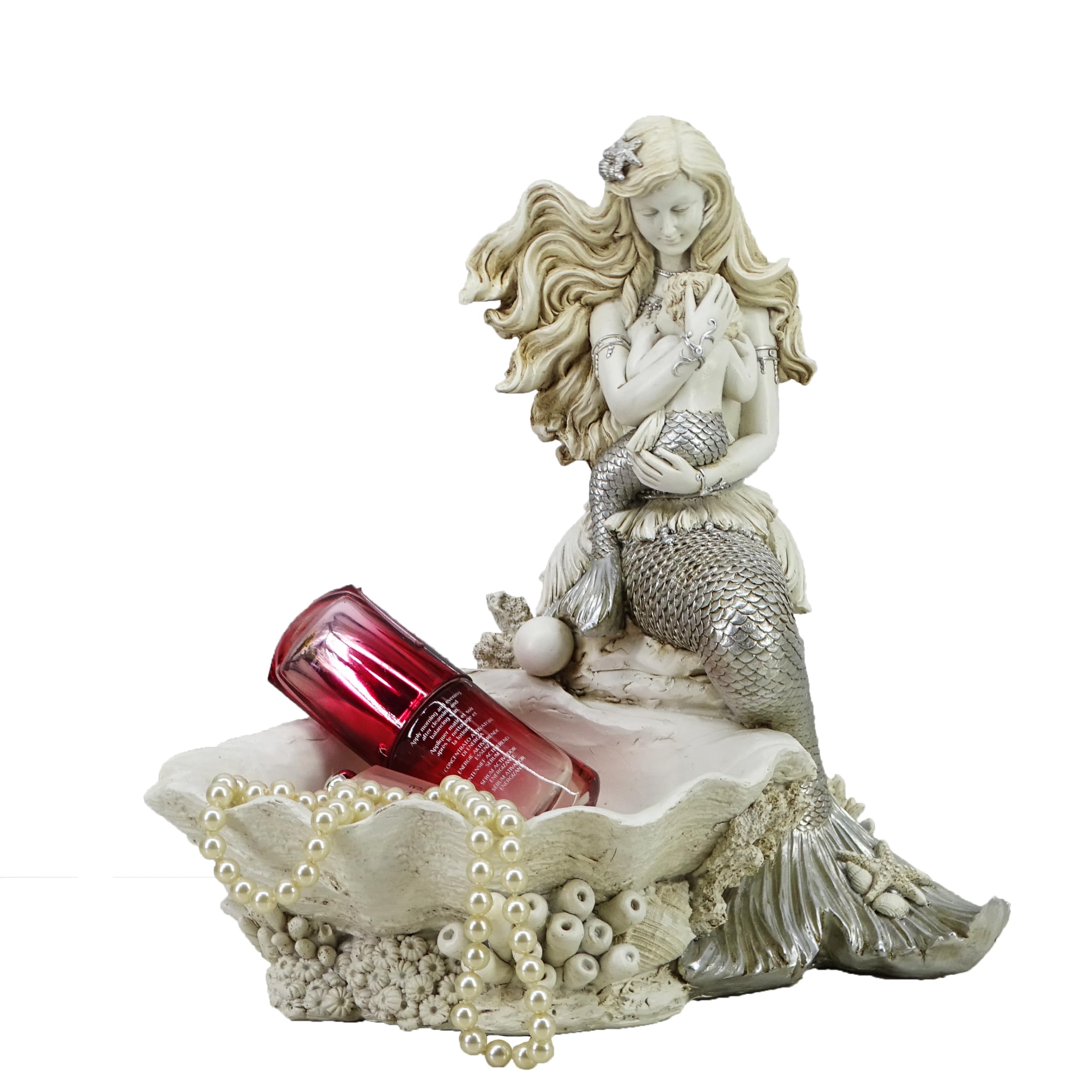 YHHRESINHOME 10-inch Mermaid Jewelry Tray - Rustic White Shell-Shaped Trinket Dish & Ring Holder, Vintage Resin Jewelry Organizer for Necklaces