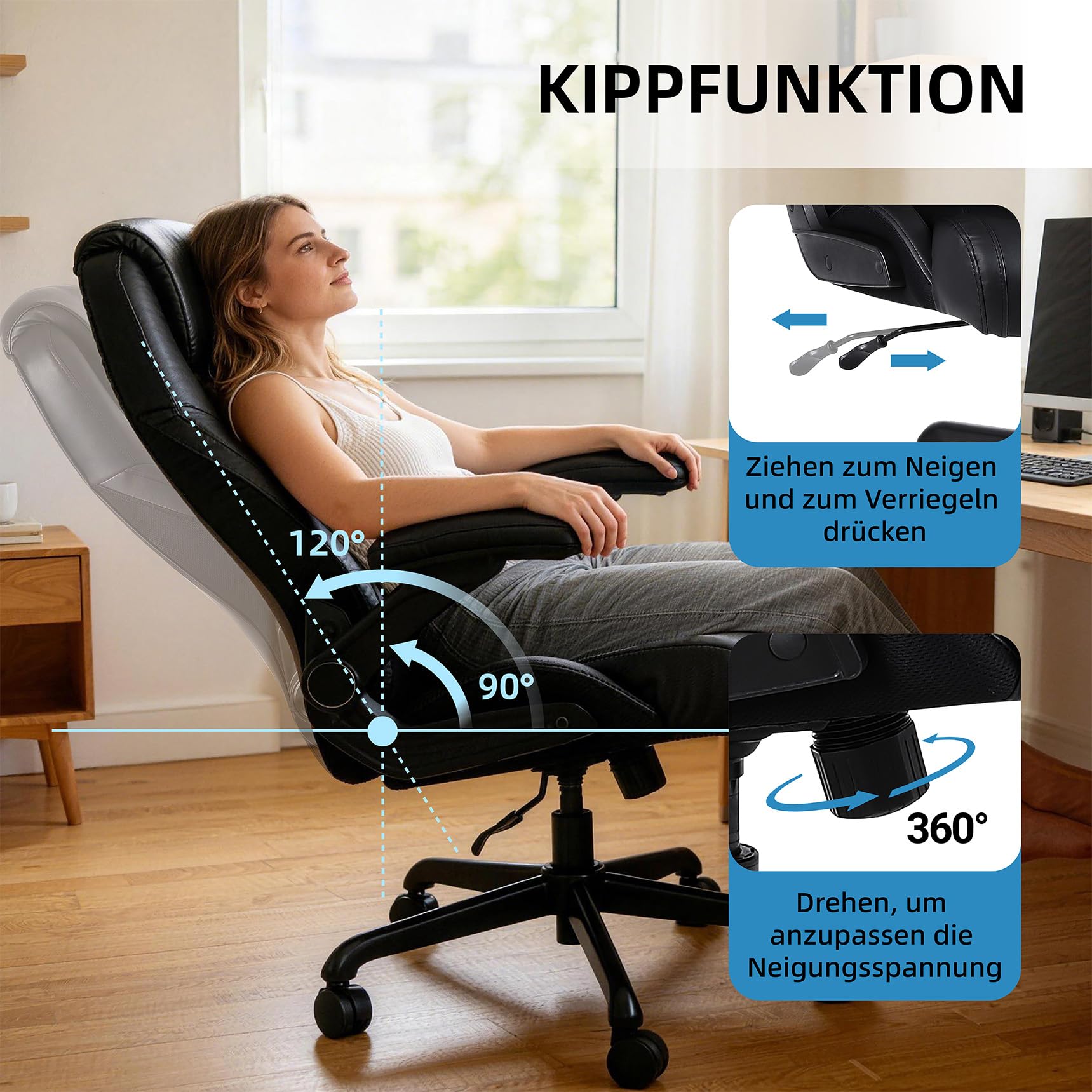 Ergonomischer Professioneller Bürostuhl, aus Kunstleder mit Lendenwirbelstütze, klappbaren Armlehnen und höhenverstellbarer Sitzfläche, Gaming-Stuhl mit Rollen für Büro und Homeoffice, Schwarz | Ermnois Bürostuhl Ergonomischer Schreibtischstuhl Profession