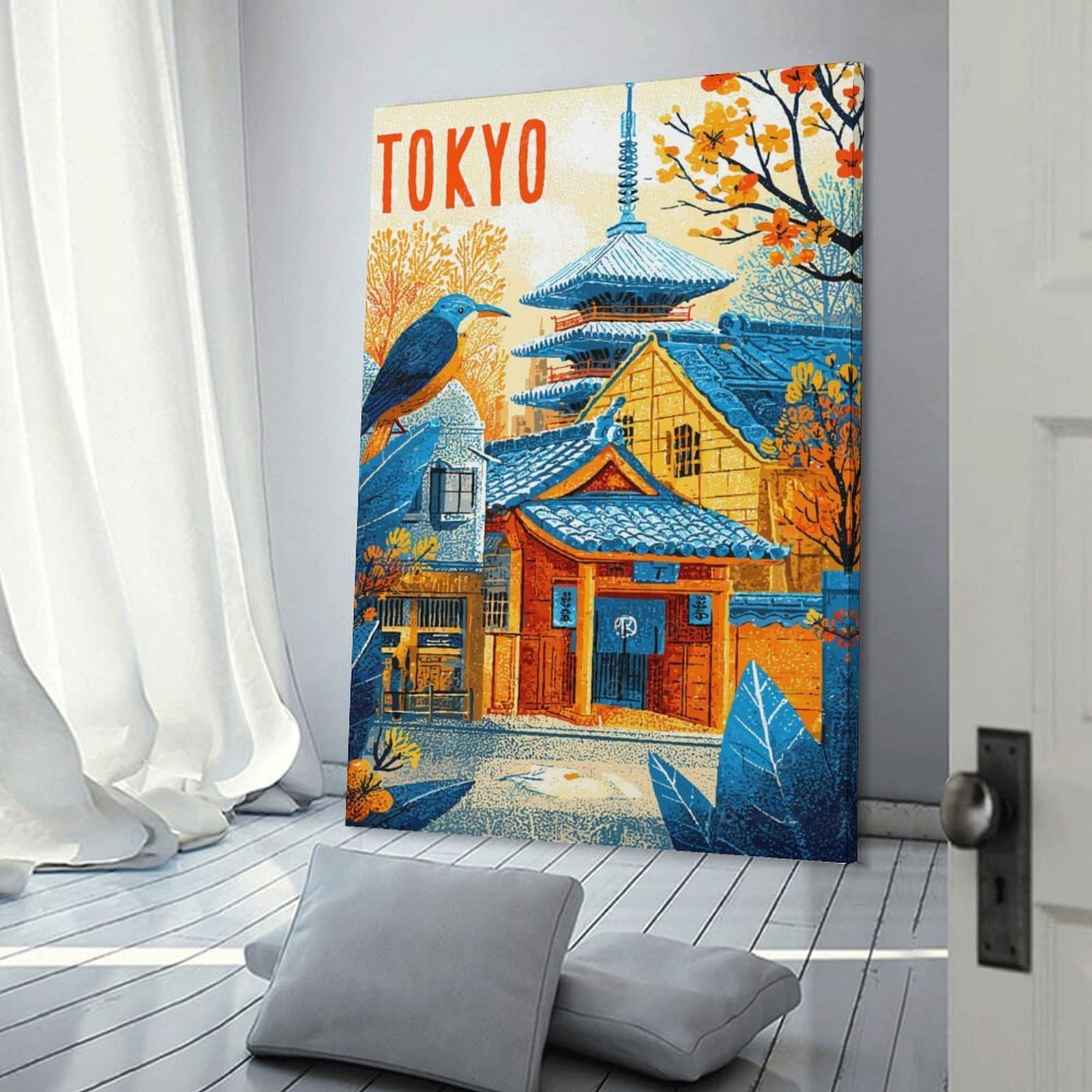 Junmoney Frame-Style-12 Tokyo Cityscape With Pagoda And Bird Room Decor Wall Art 24X36inch(60X90cm), For Lounge Decor, Offices Or Entryway Styling, A Flexible Wall Accent For Shared Spaces
