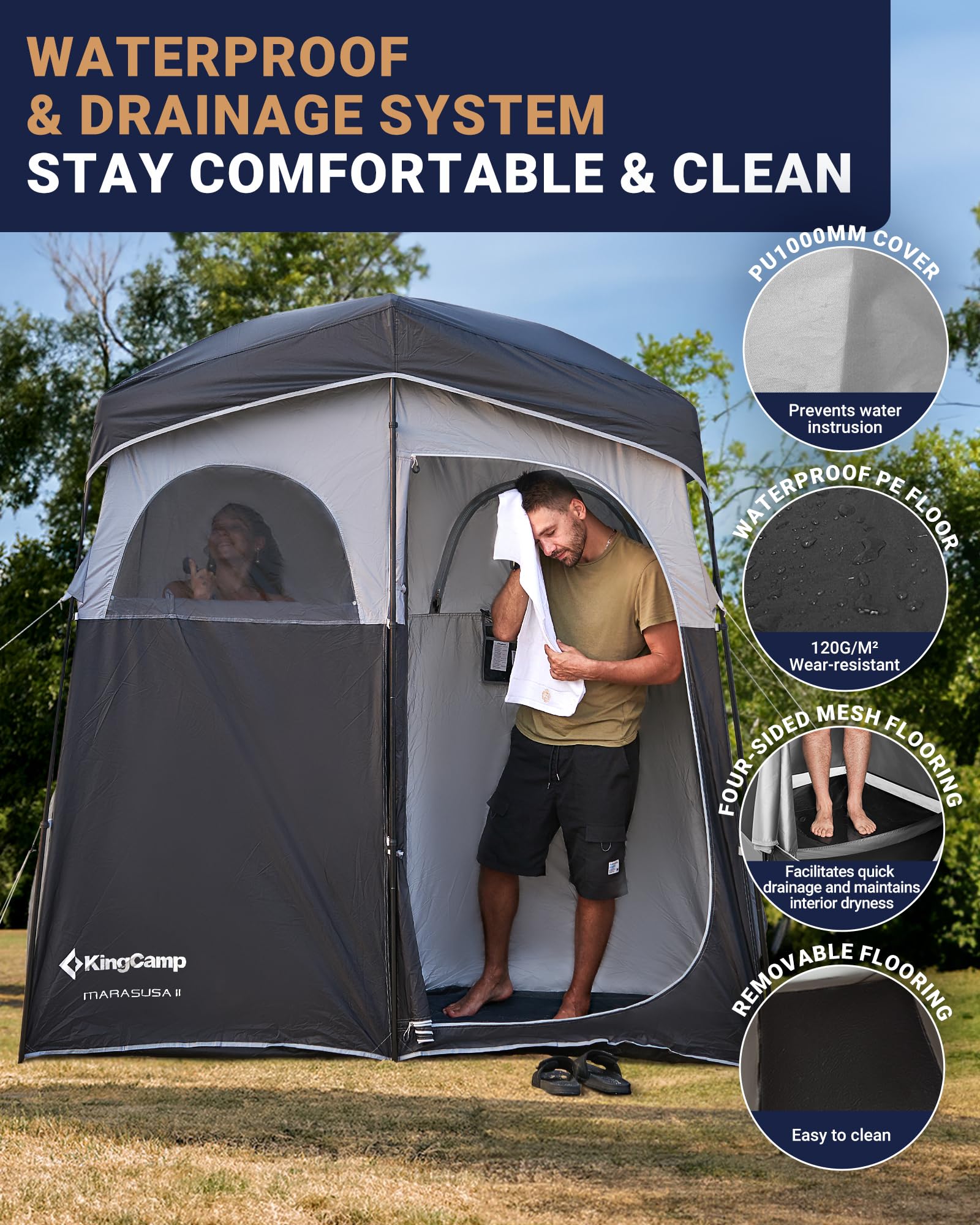 KingCamp Übergroße Outdoor-Duschzelte für Camping, Ankleidezimmer, tragbarer Unterschlupf, Umkleidekabine, Dusche, Privatsphäre, Einzel-/Doppelduschzelt, 200 x 105 x 203 cm