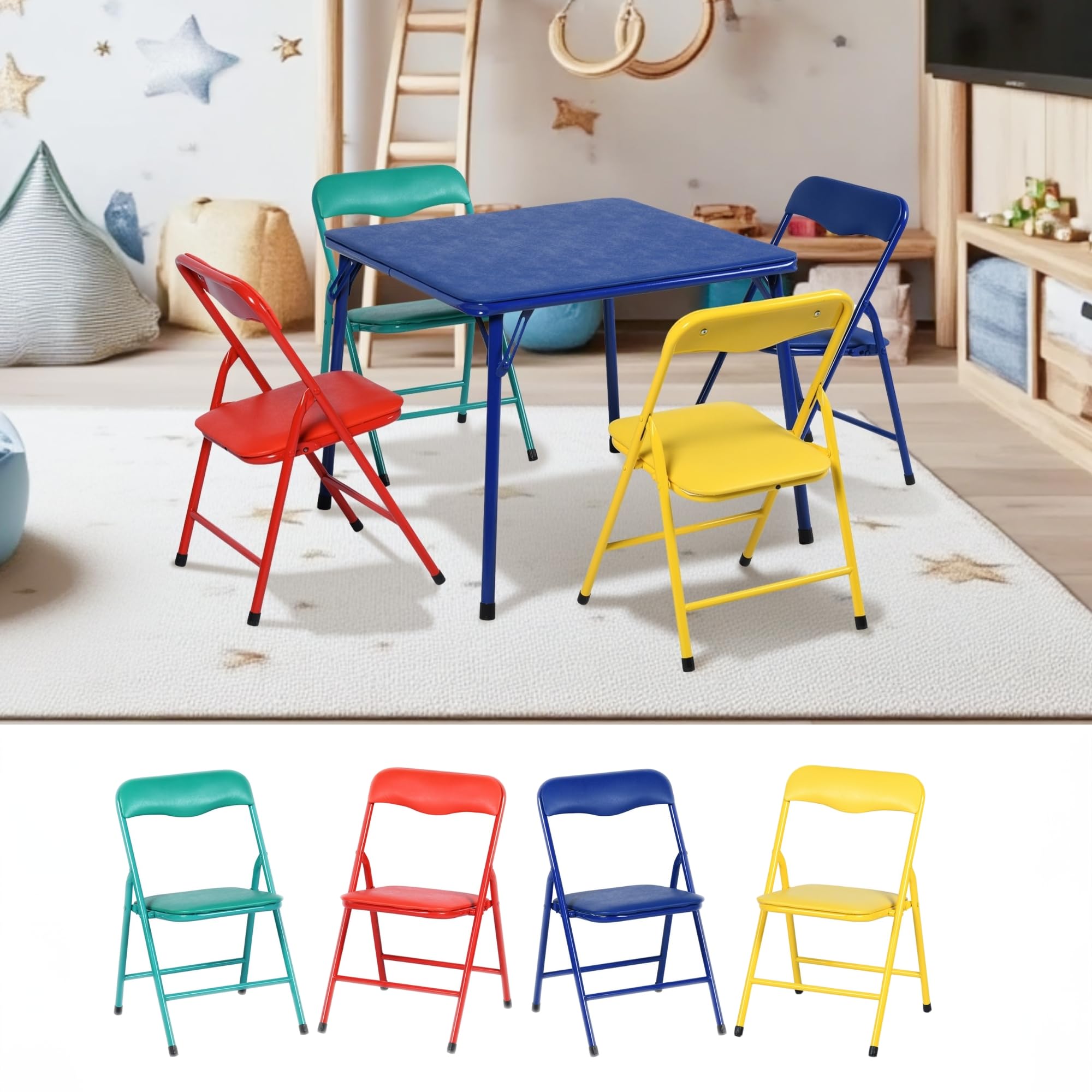 Homy Casa Folding Table and Chairs Set for Kids Dining Room Daycare and Classrooms, Children's Activity Table and Chairs Set, Space Save (Blue, 5 Piece)