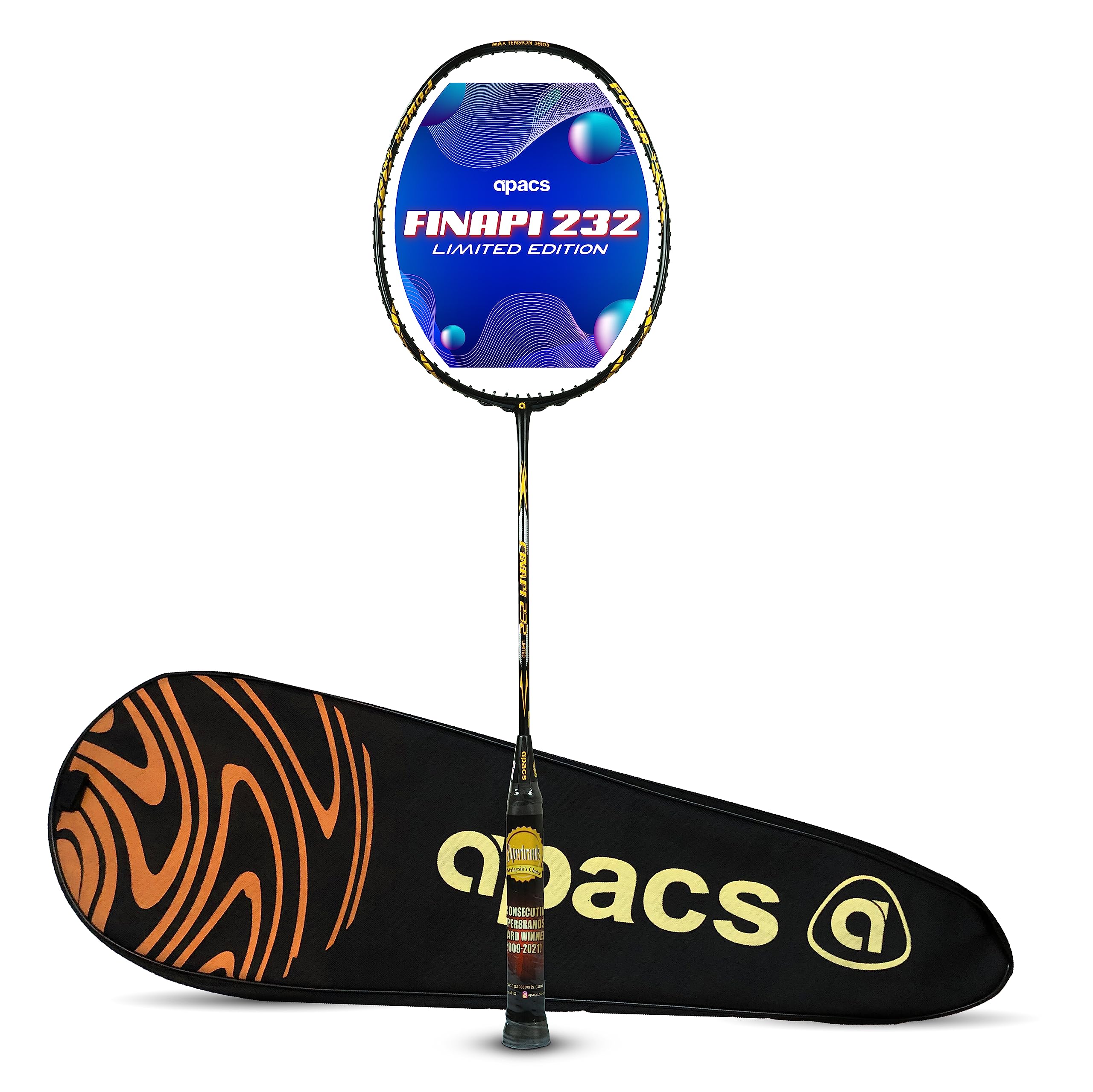 Apacs Finapi 232 Limited Edition (38 LBS Mega Tension) Made in Vietnam | Japanese Graphite Unstrung Badminton Racket (Black Gold)