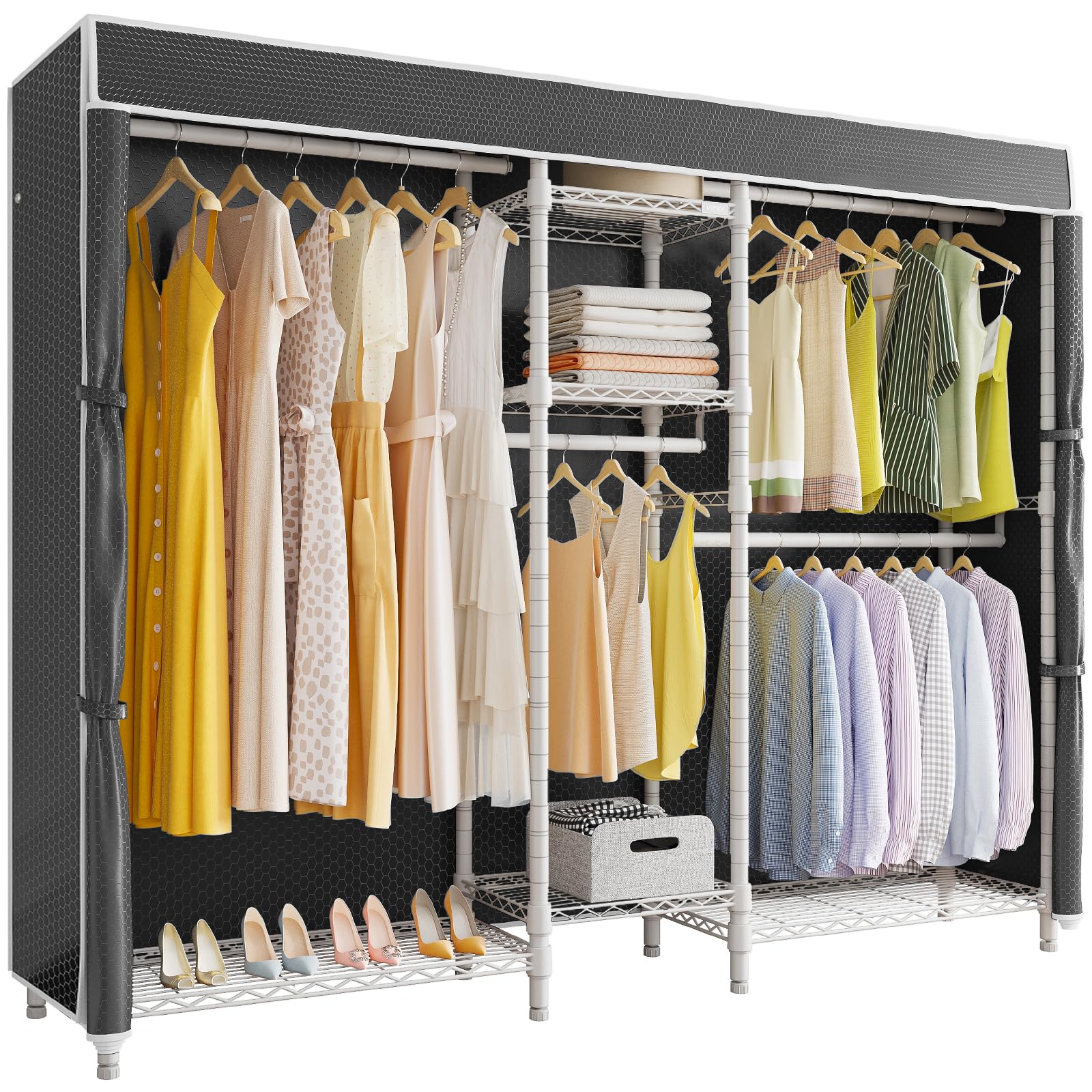 VIPEK Classic V6C Heavy Duty Covered Clothes Rack 5 Tiers Wire Garment Rack Large Size Wardrobe Closet White Metal Clothing Rack with Black Oxford Cover, 70.1" L x 17.3" W x 76.4" H, Max Load 870 LBS
