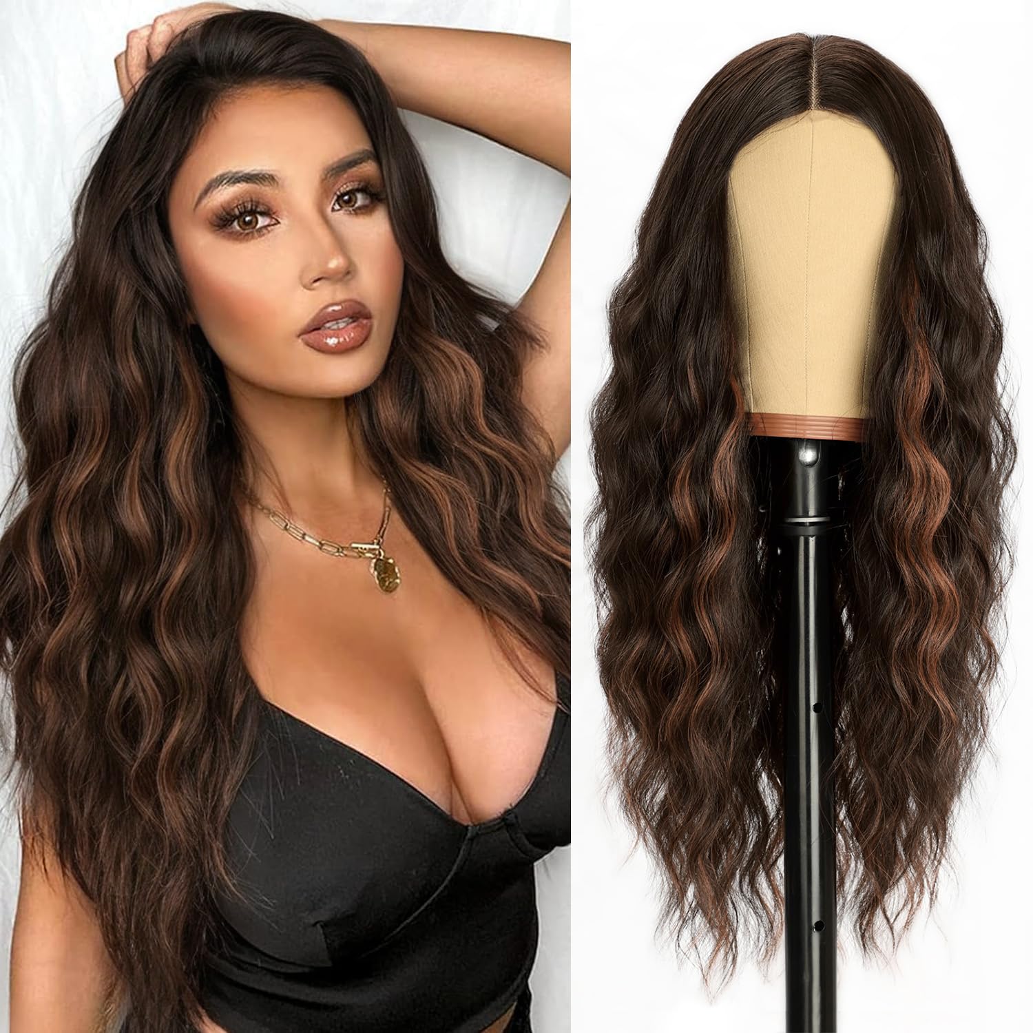AISI HAIR Long Brown Highlight Wavy Wig for Women, Middle Part Lace Curly Wavy Wig Brown Mix Ginger Synthetic Heat Resistant Fiber Hair Full Wig for Daily Use