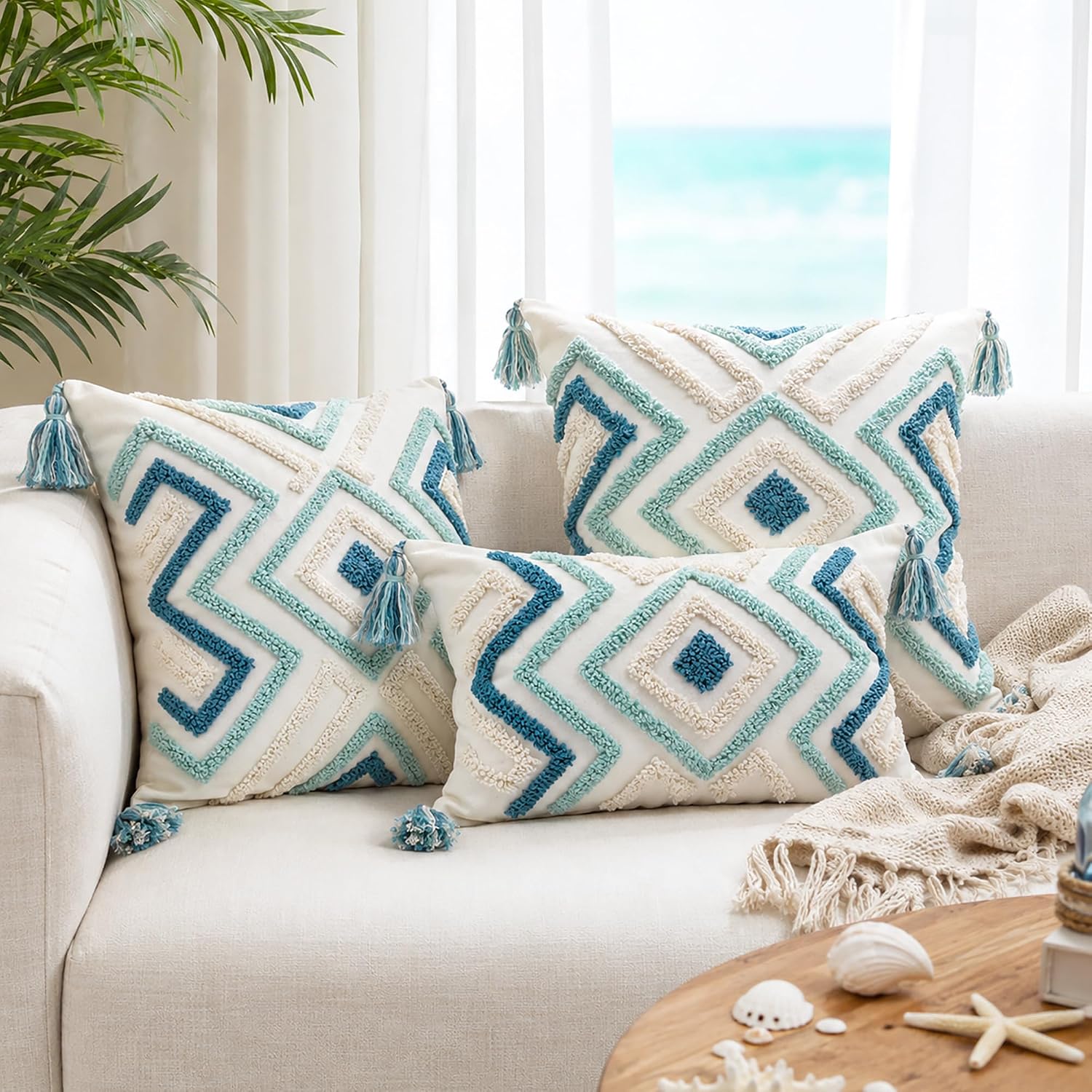 Boho Pillow Covers 18X18 Inch Boho Tufted Throw Pillow Covers Decorative Tassels Cushion Cover Farmhouse Pillow Case for Couch Sofa Bed Living Room Bedroom, Teal image 4